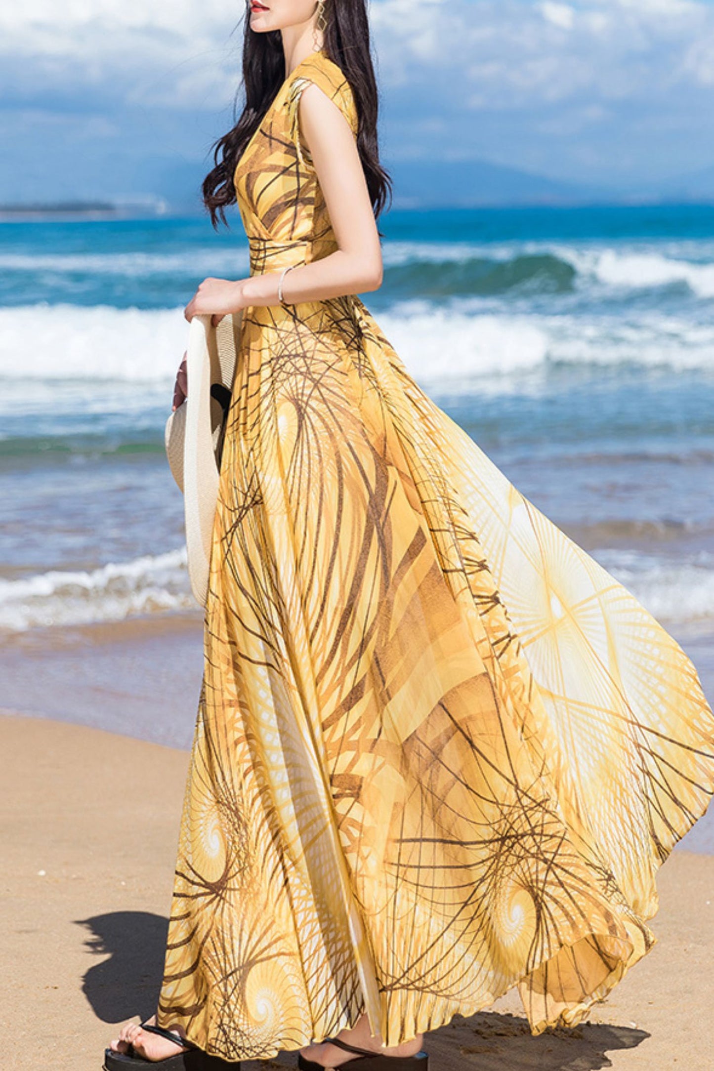 Yellow chiffon print dress C4093