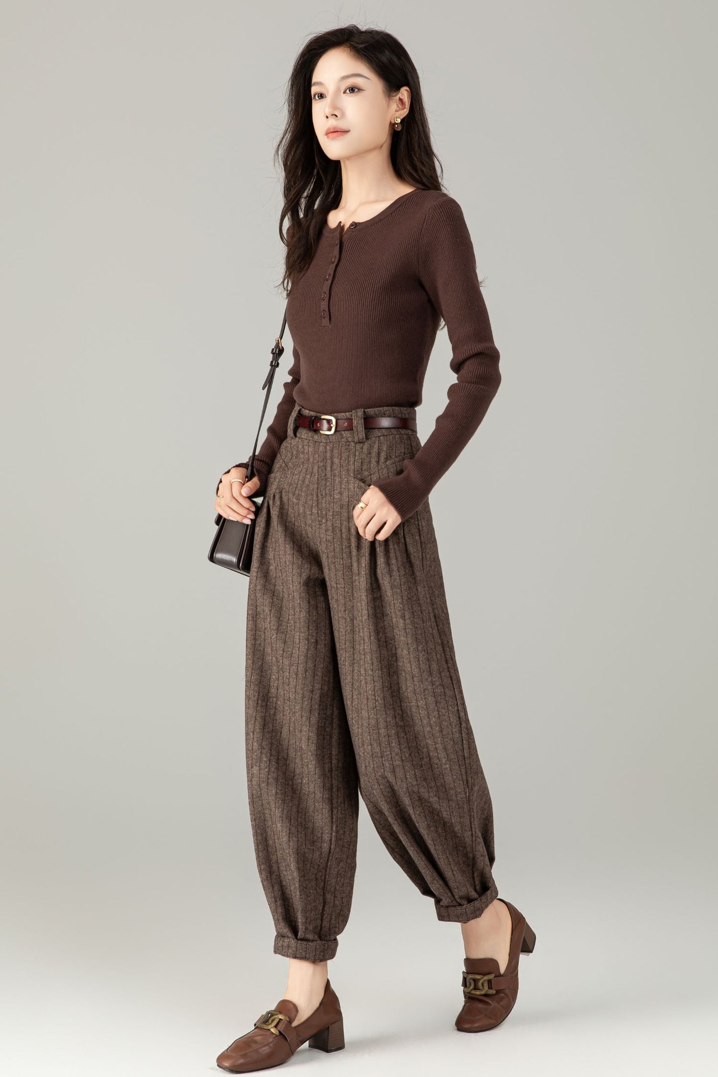 Brown Wool Striped Trousers - Classic Fit & Comfort | Winter Smart Casual Pants C5244