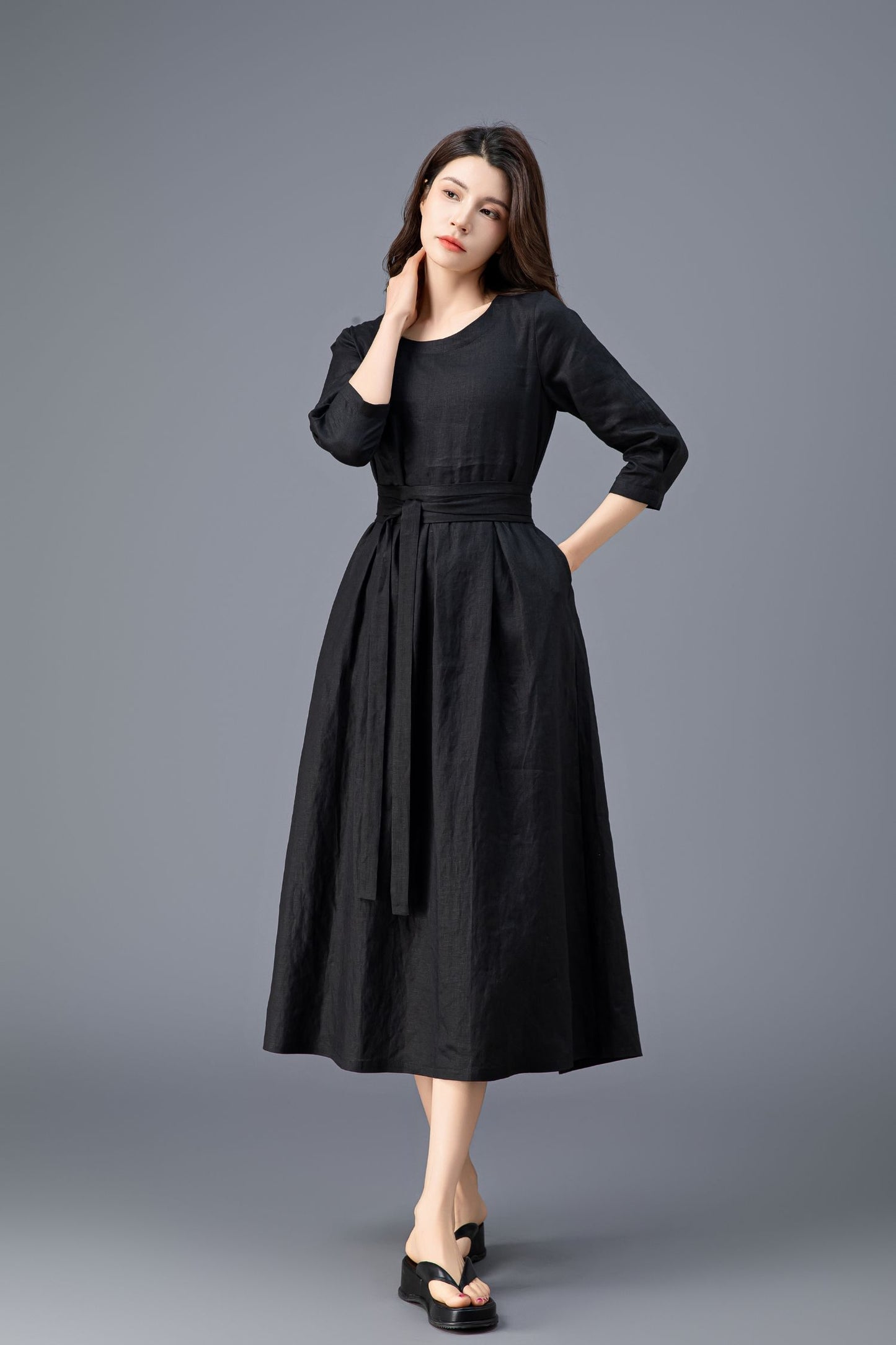 Women's Casual Belted  Black Linen Dress C3911