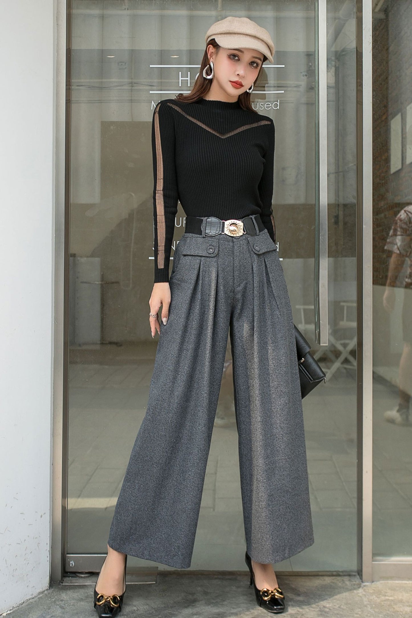 Gray Wide Leg pants palazzo wool pants C2538