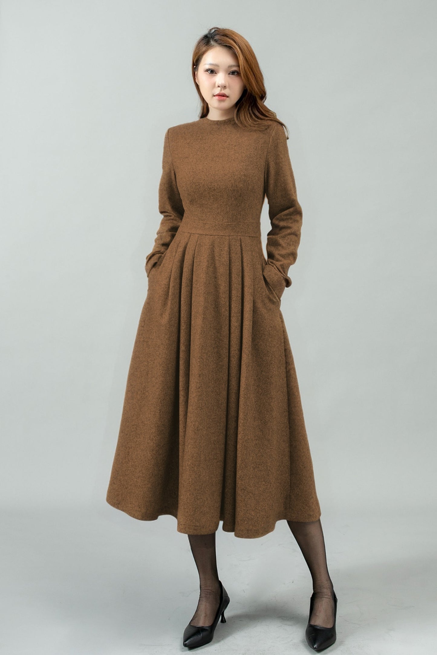 Women Swing Long Winter Wool Dress C4442