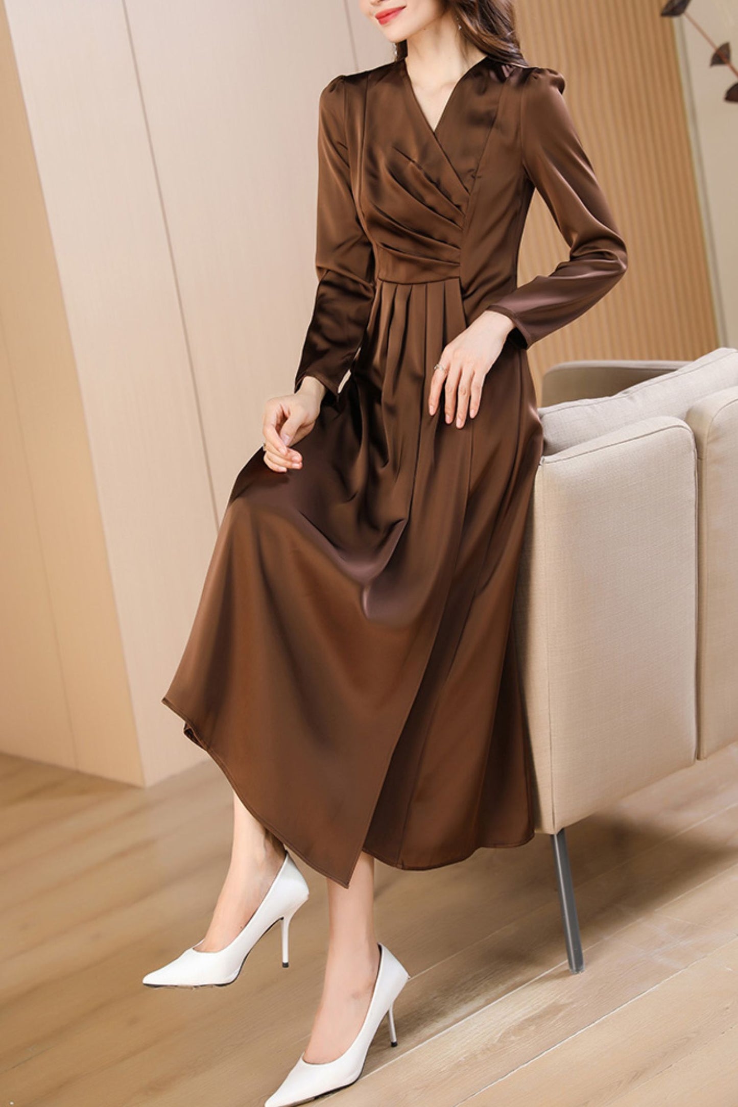 Brown spring and autumn V-neck long dress C4173