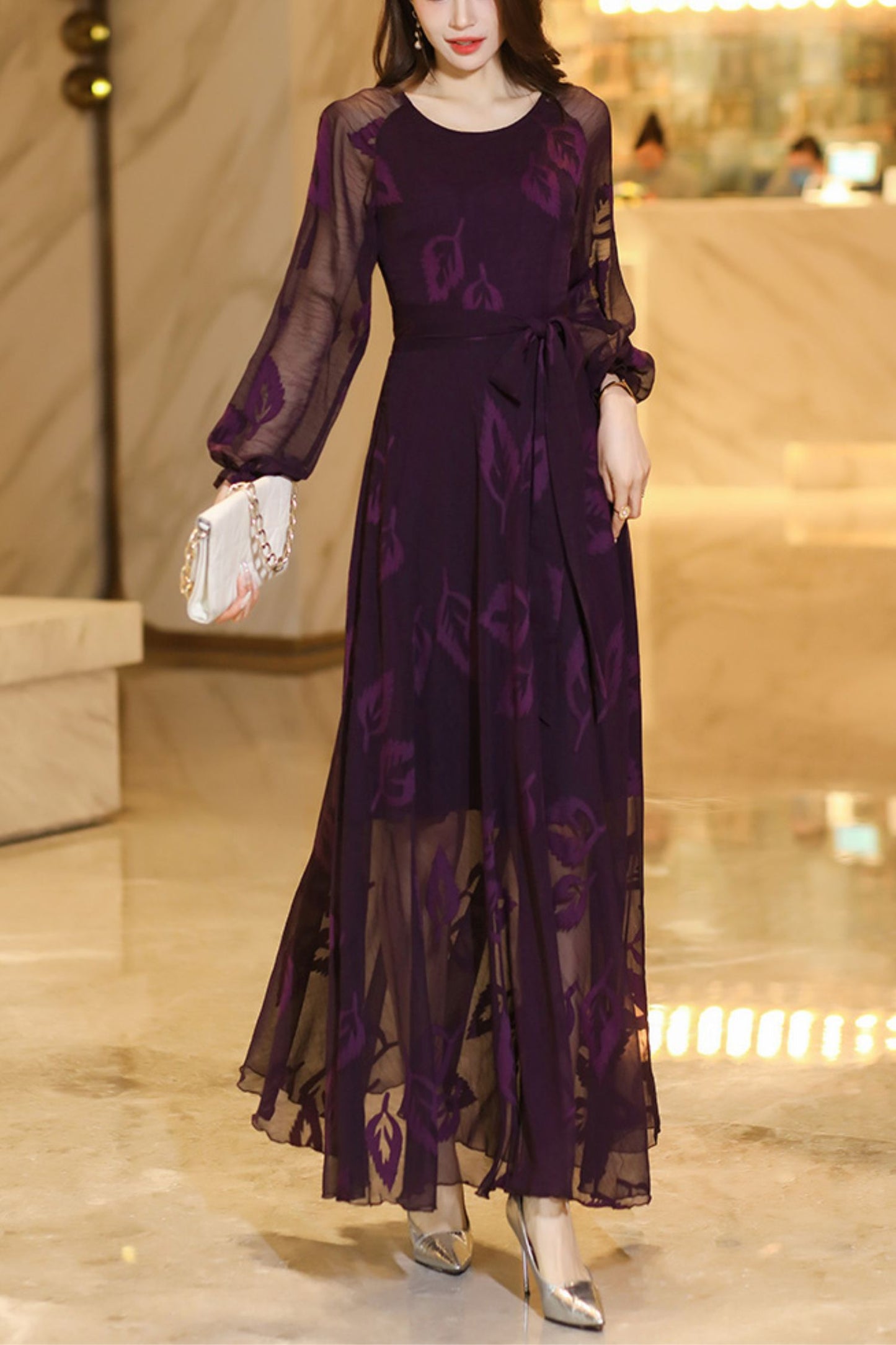 Summer Purple Long Sleeve Chiffon Dress C4110