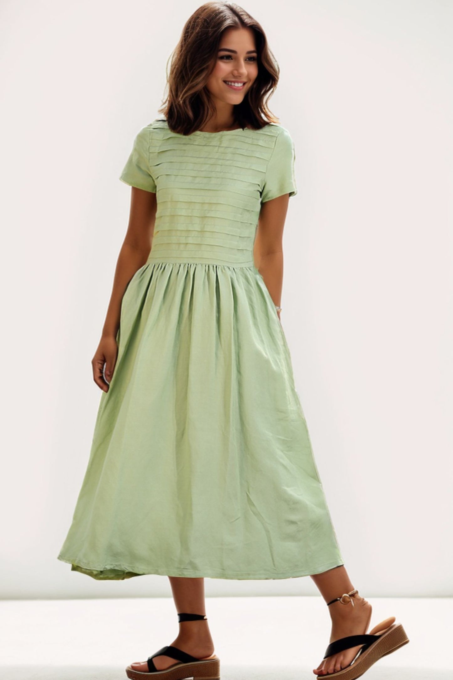 Loose Fitting Short Sleeve Unique Sweep Summer Dress in Lemon Green C258