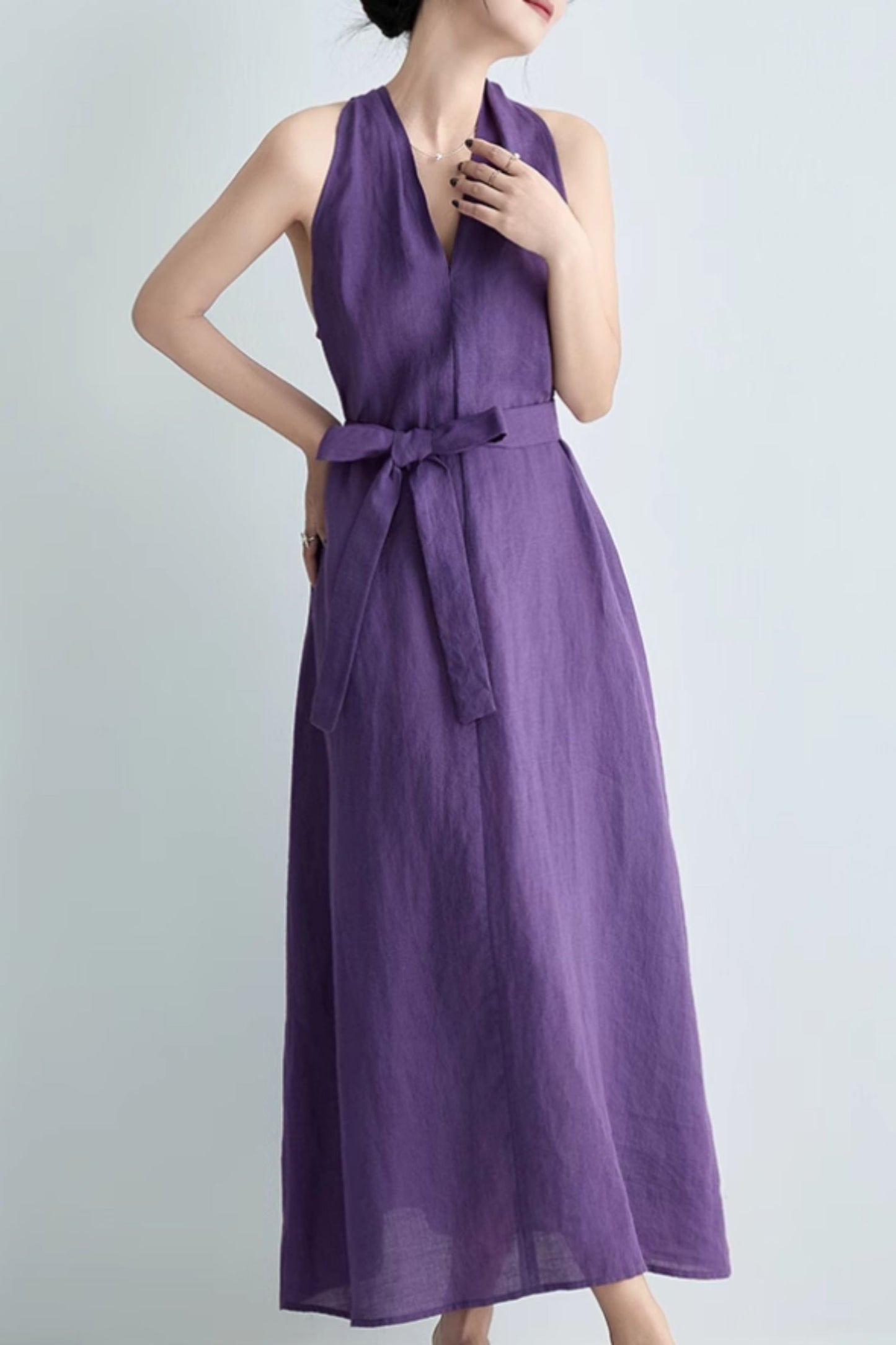 Purple loose fitting summer linen dress C5064