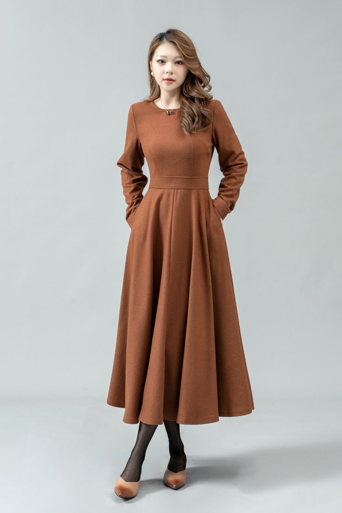 Fit and flare long winter wool dress C4447