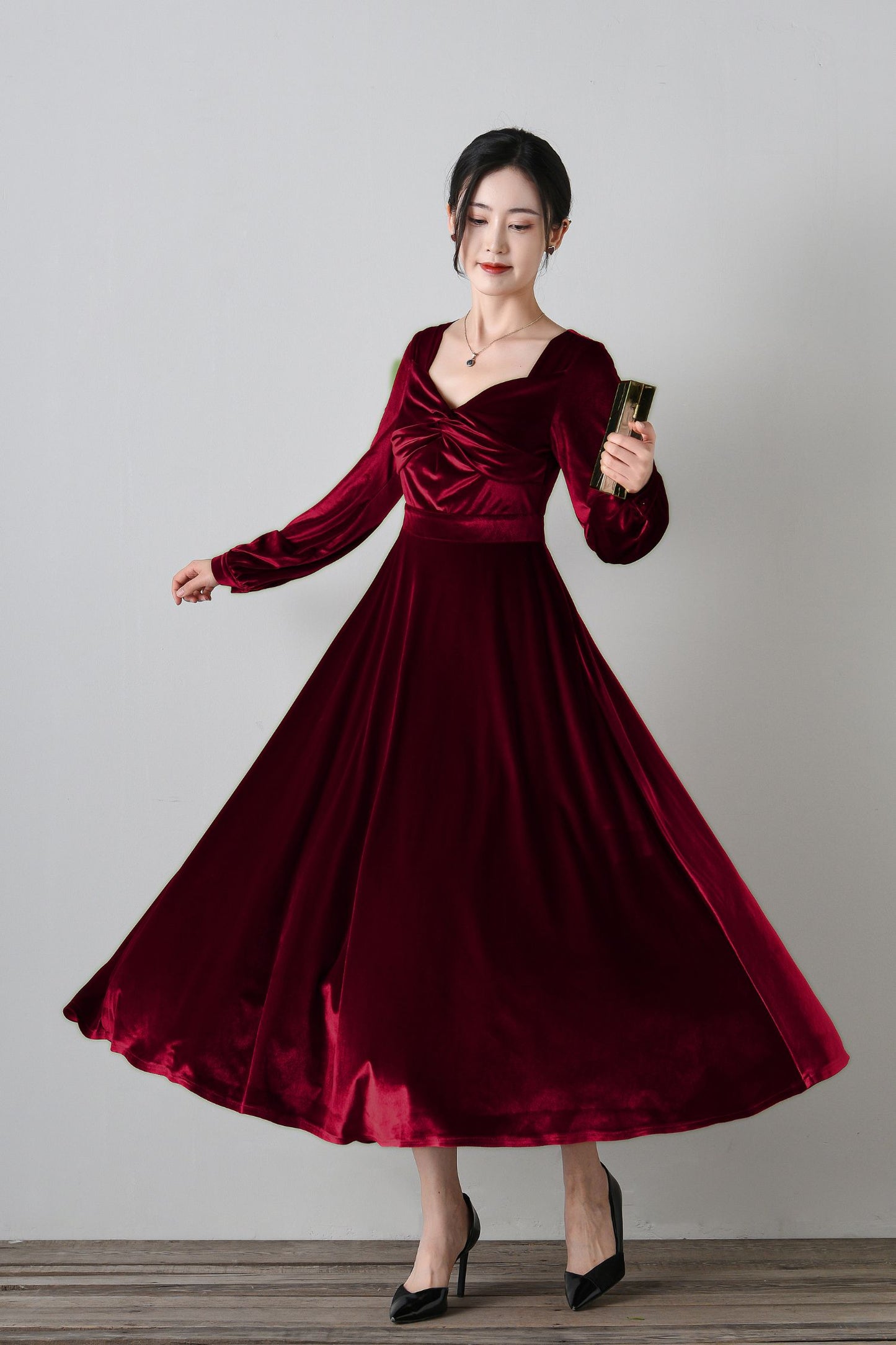 Elegant Burgundy Velvet Long Dress C4699