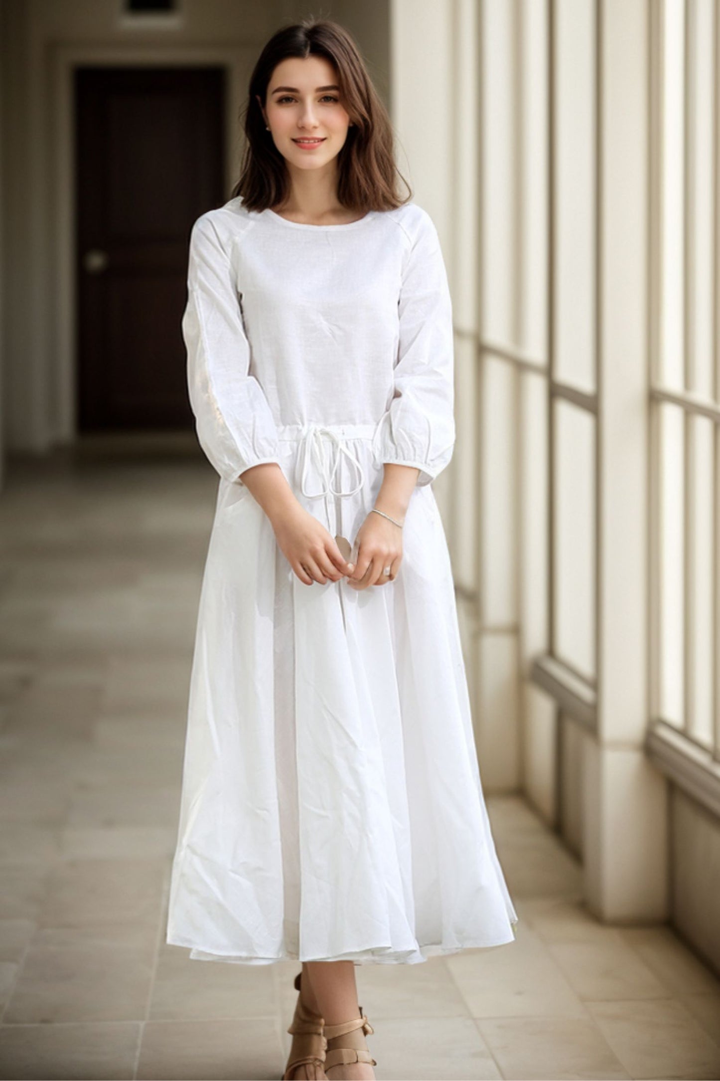 Drawstring Waist Long Sleeve White Dress C281