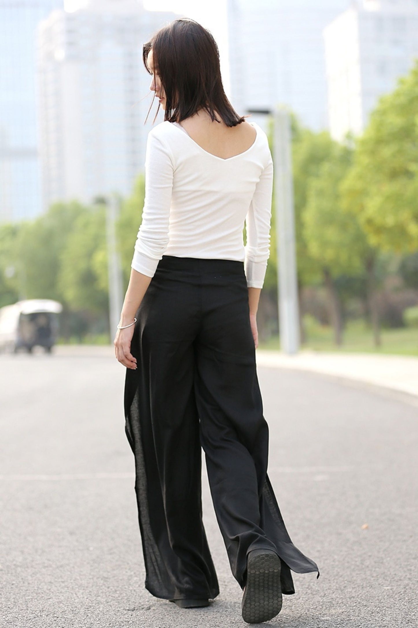 Wide leg black linen long pants C289