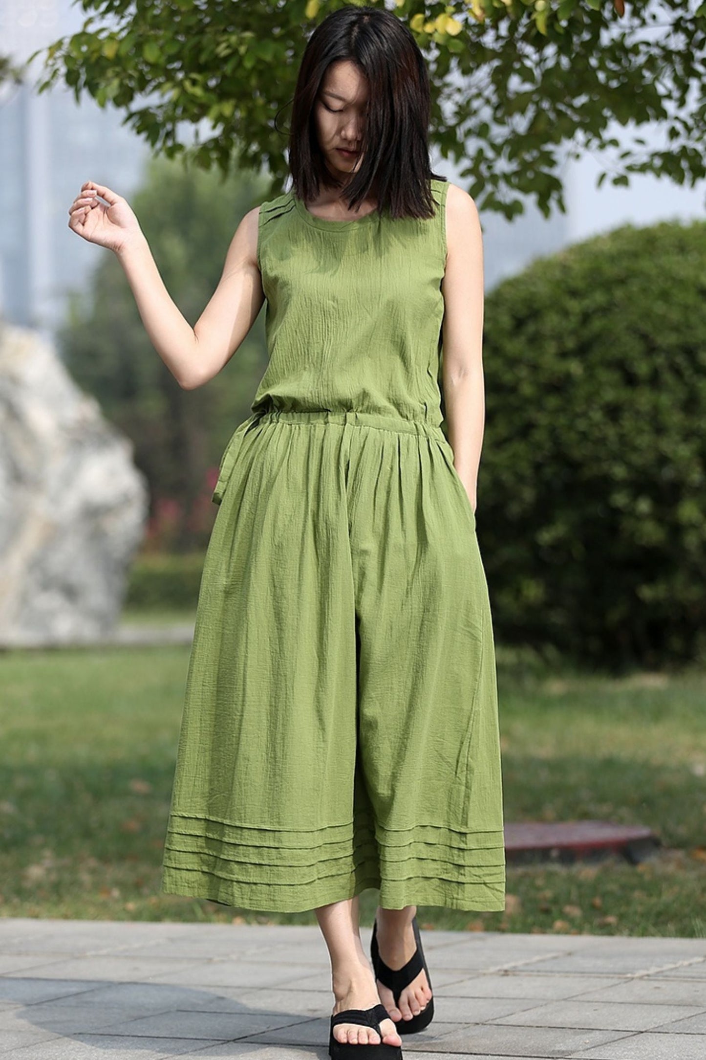 Olive Green Linen Sleeveless Summer Dress C293
