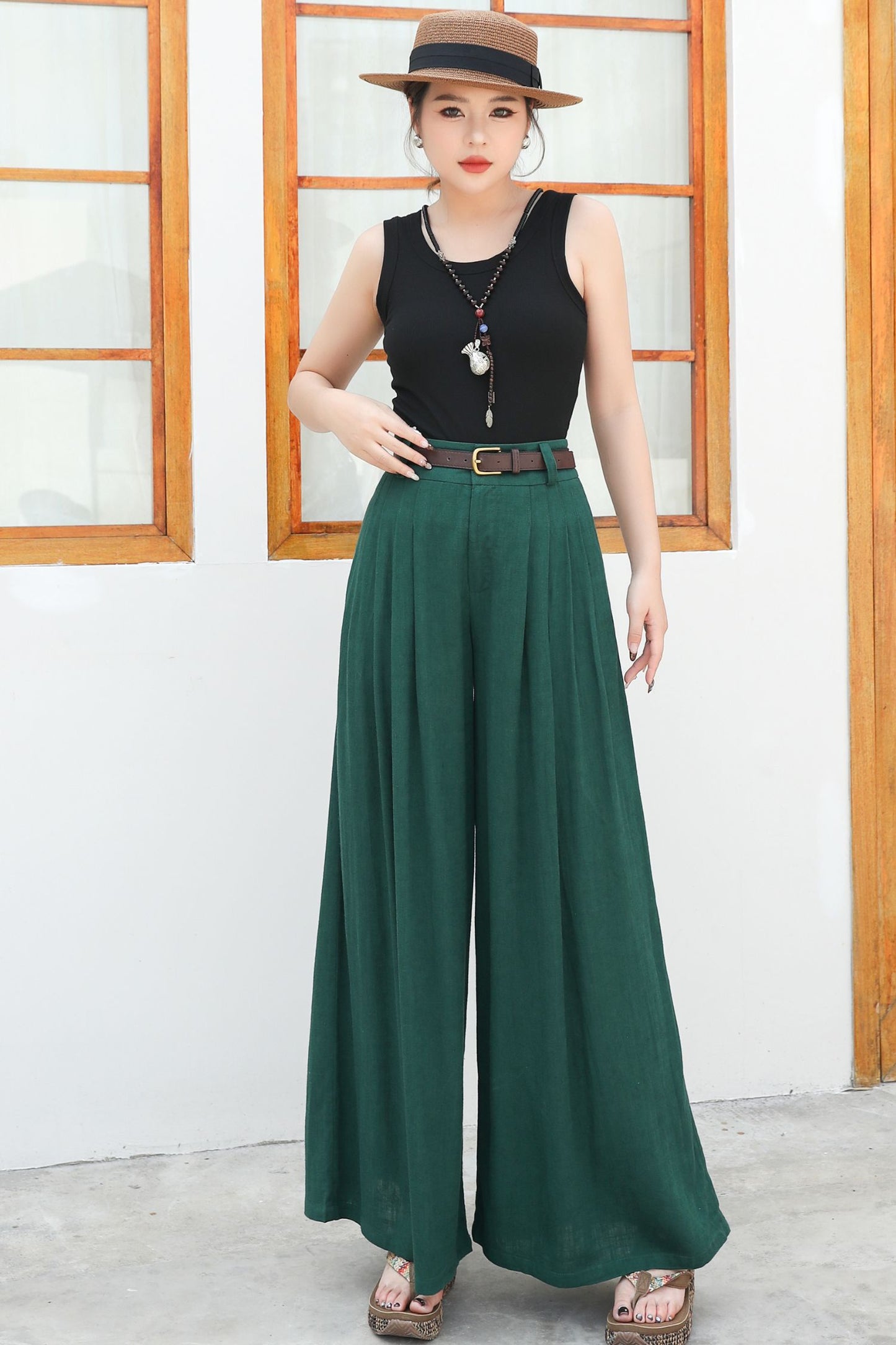 Wide leg green linen pants c4836