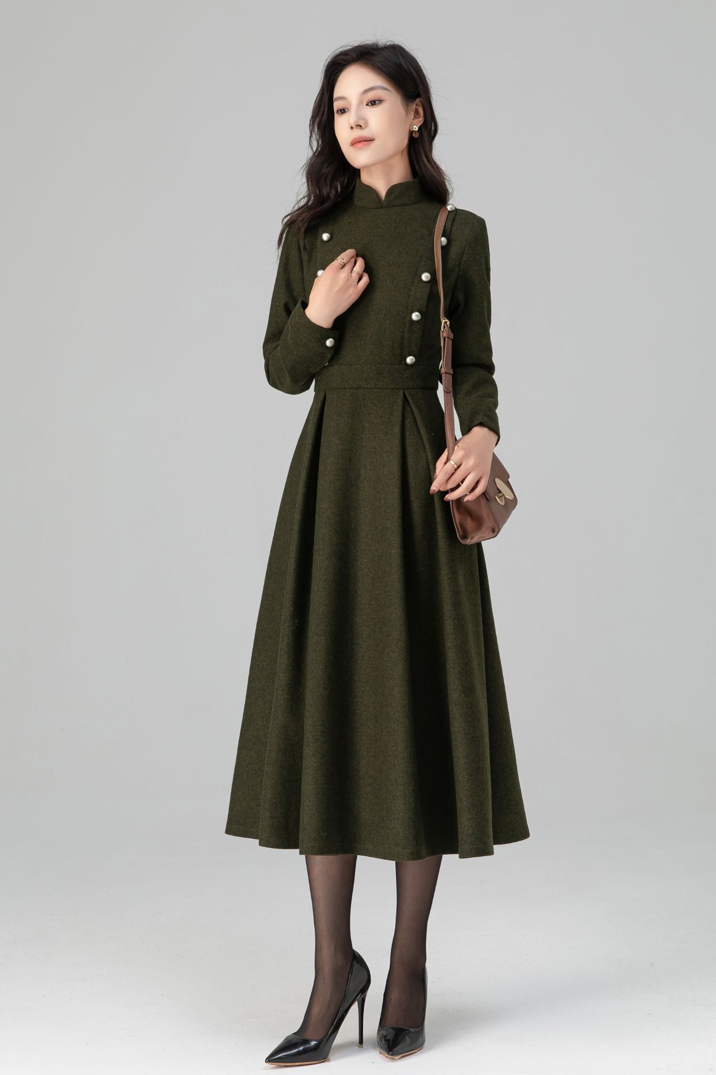 Military-Inspired Long Sleeve Wool Dress C5195
