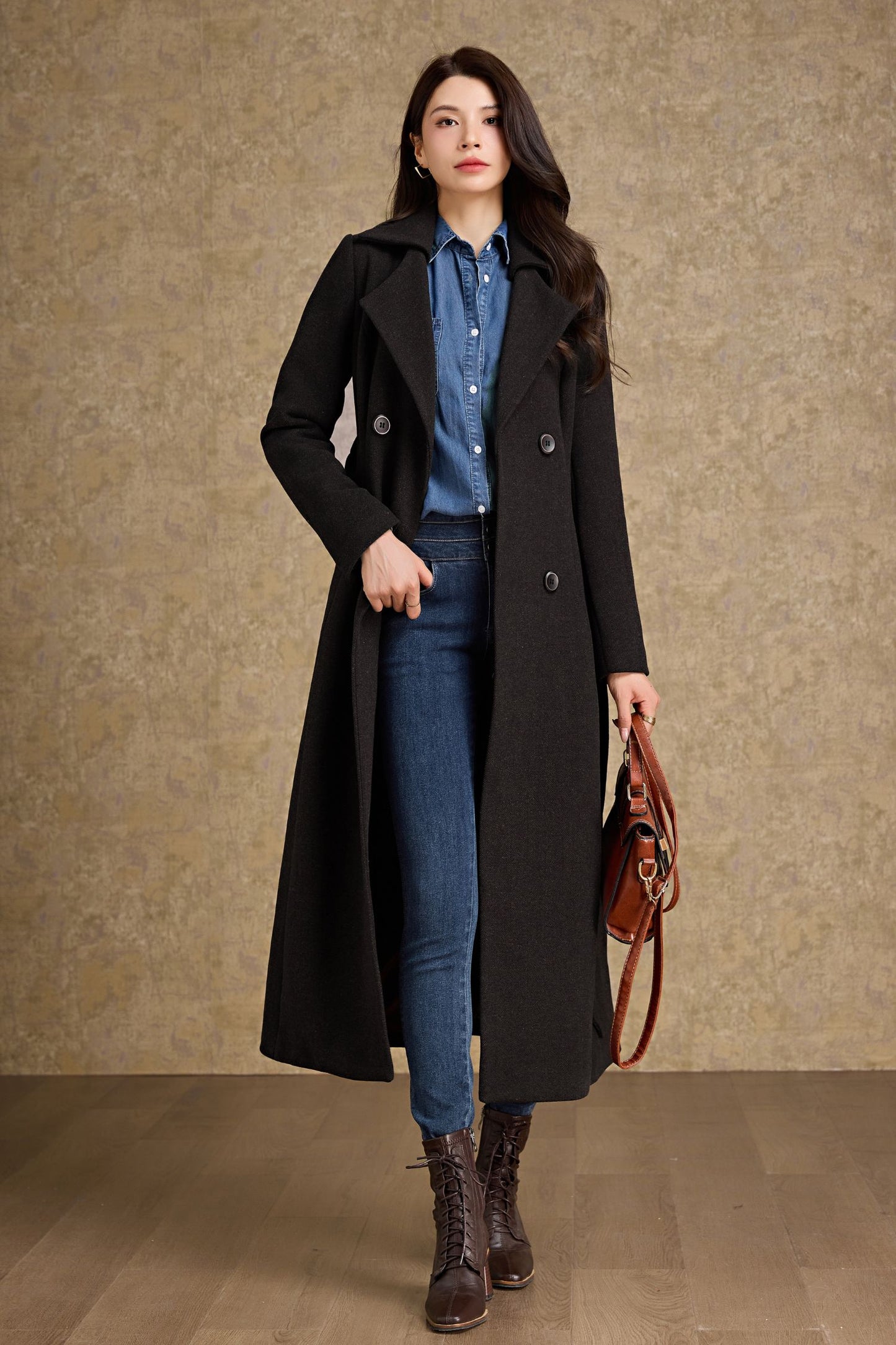 Winter warm brown Long Wool Coat C4479