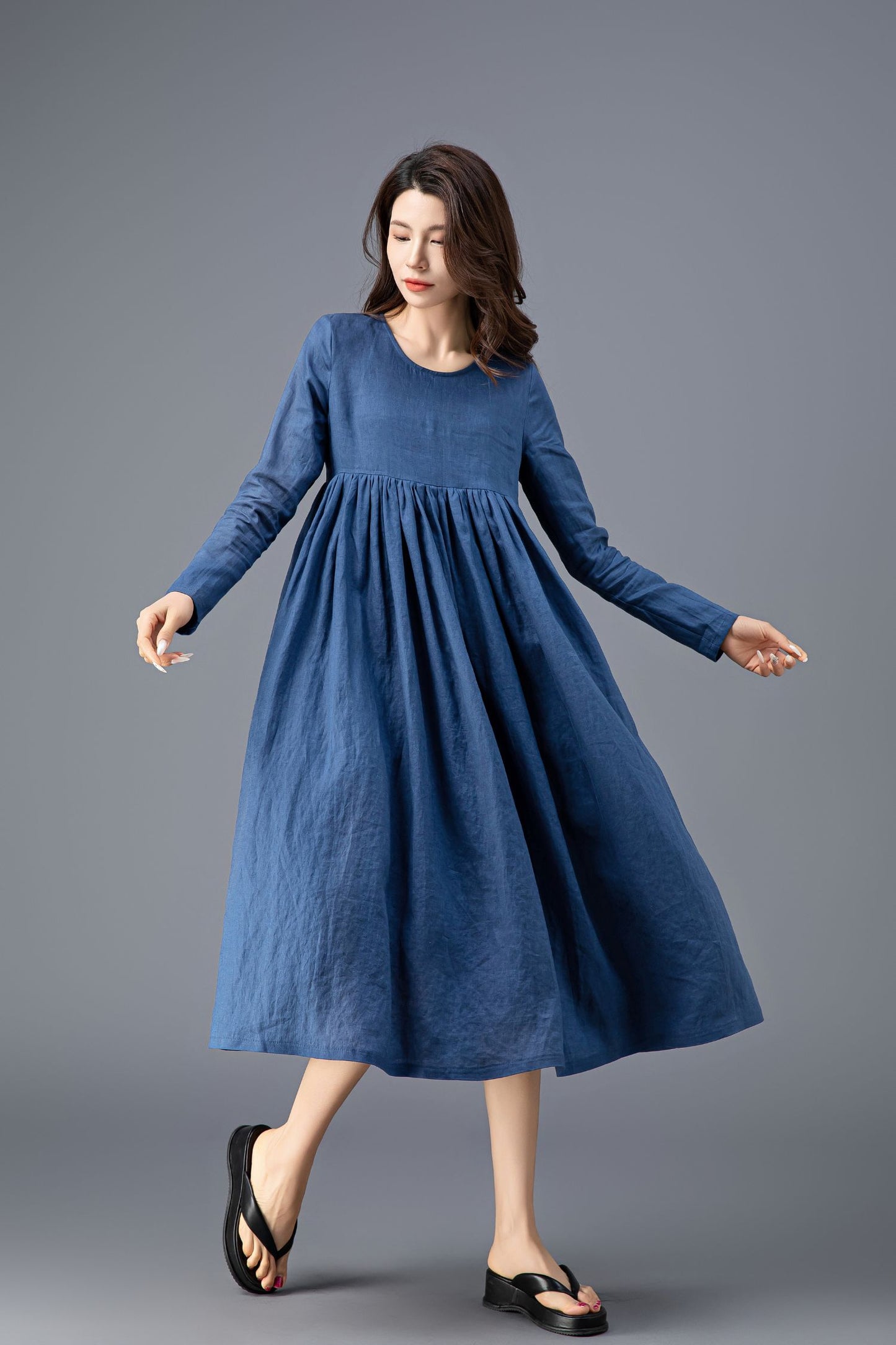 Long Sleeve Blue Linen Dress C3910