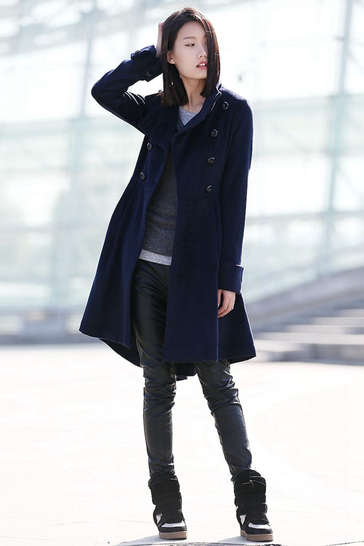 Navy blue winter midi warm winter coat C164