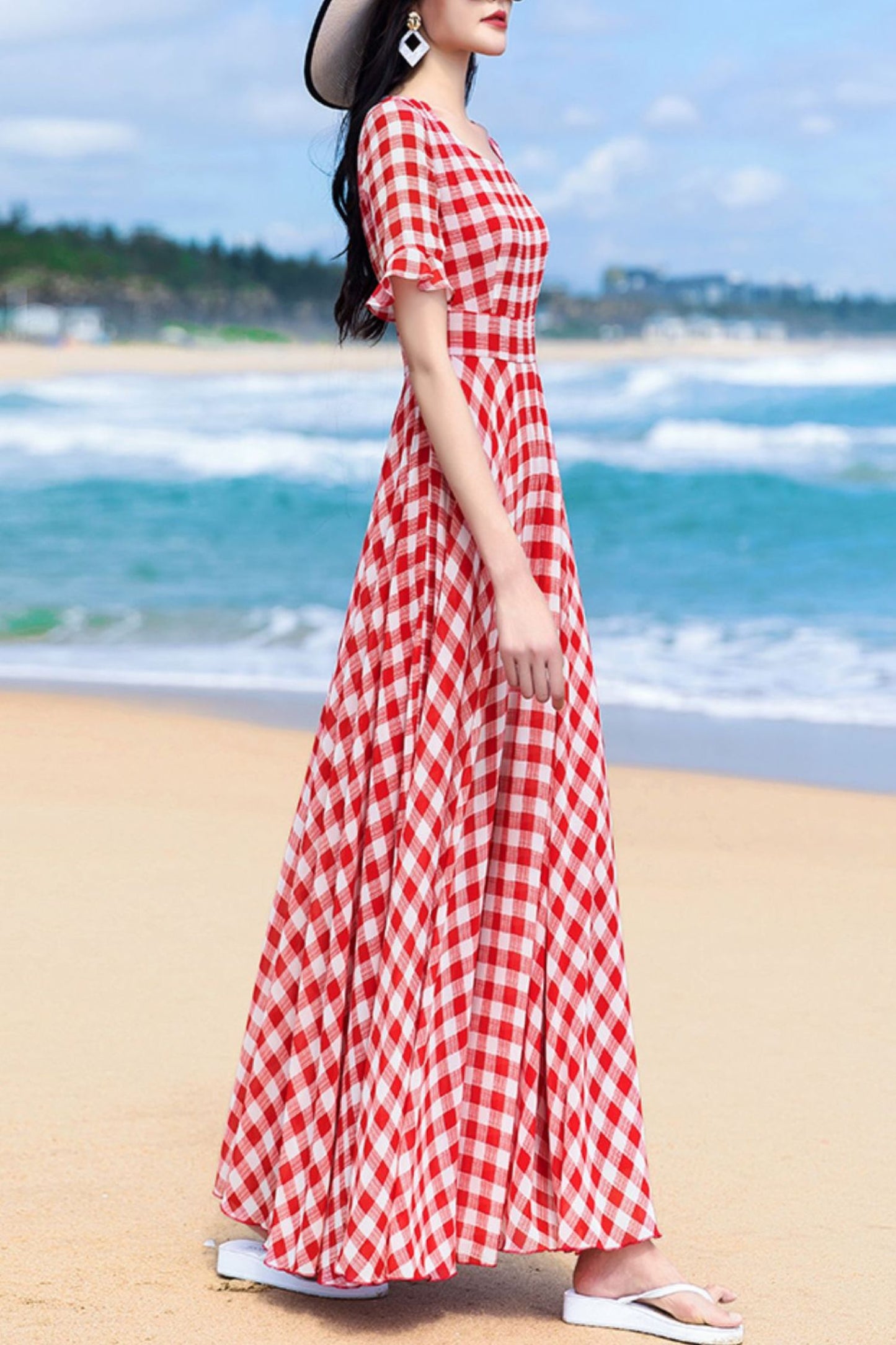 Chiffon Women Red Plaid Short Sleeve dress C4050