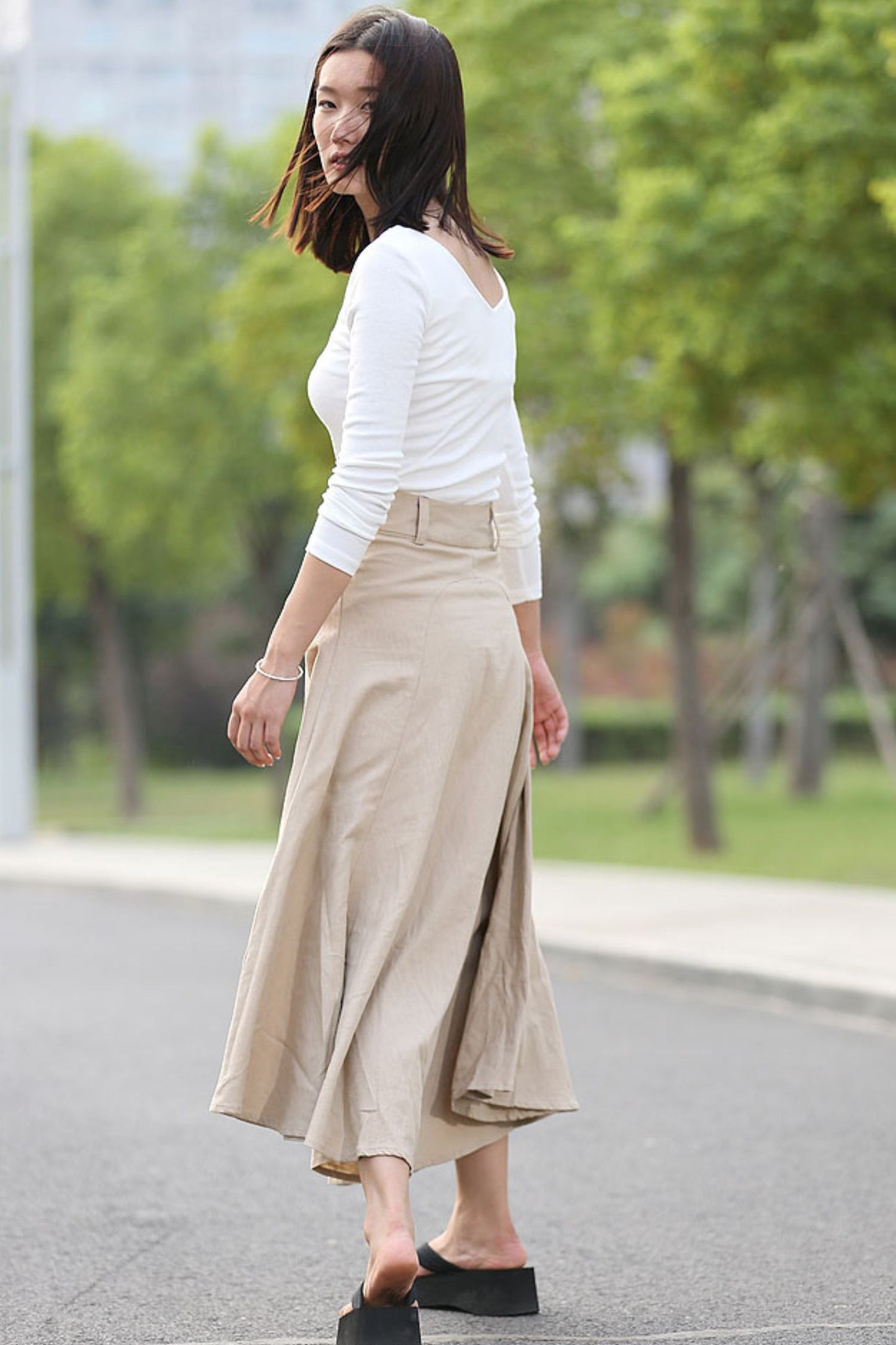 Beige Linen Skirt - Modern Casual Everyday Flattering Slim-Fitted Calf Length Versatile Woman's Skirt C290