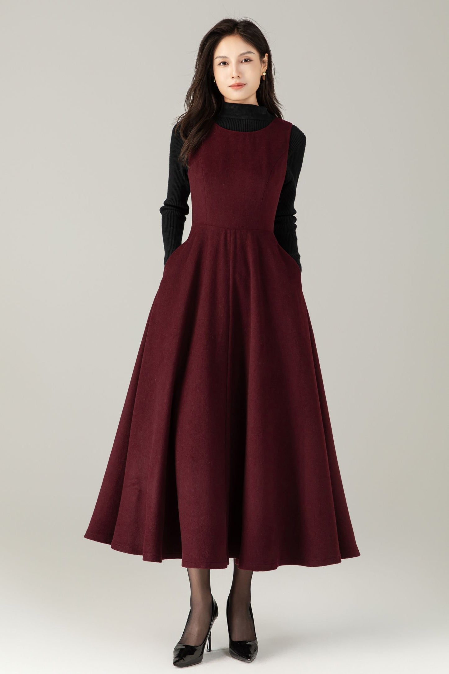 Burgundy Wool maxi Dress: Sleeveless A-Line Swing Jumper, Ylistyle C5239