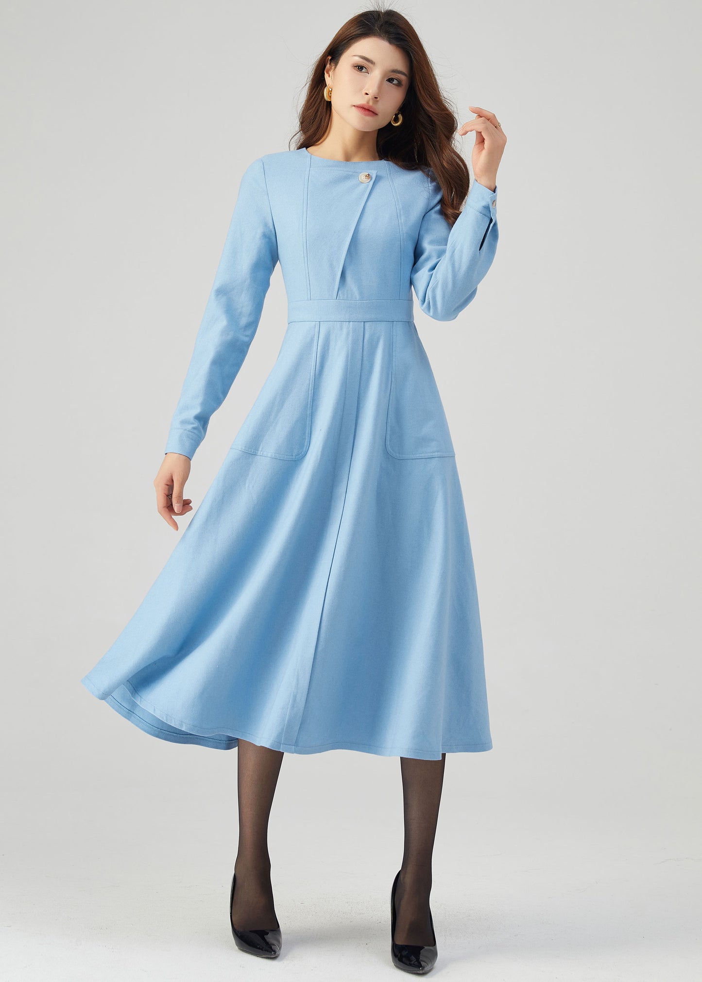 Blue Wool Dress, Winter Dress Women C3541