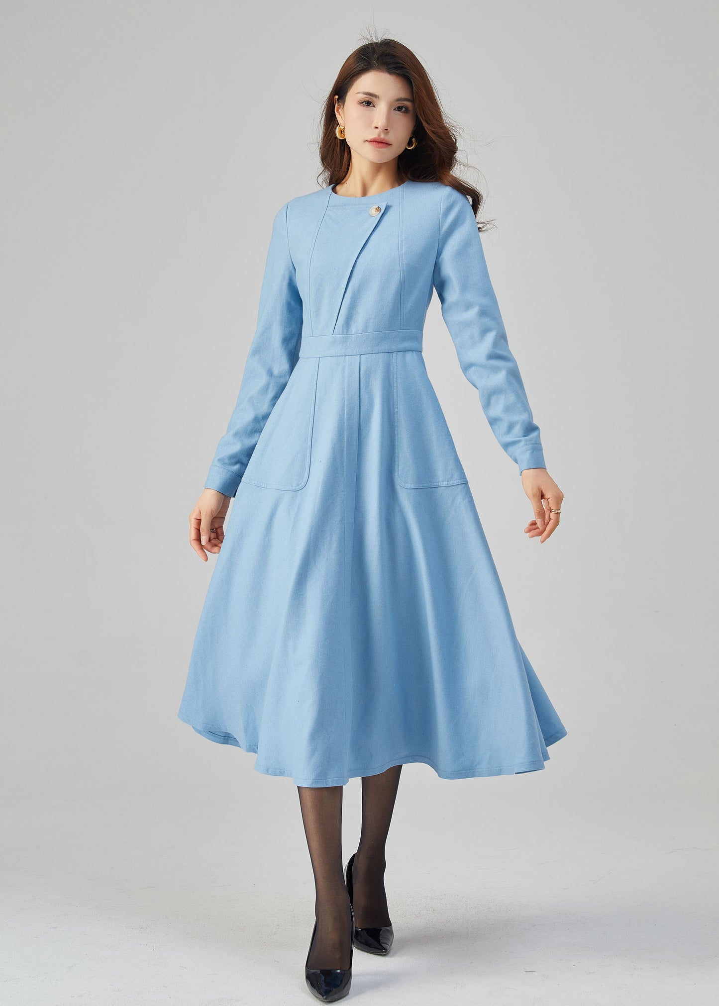 Blue Wool Dress, Winter Dress Women C3541