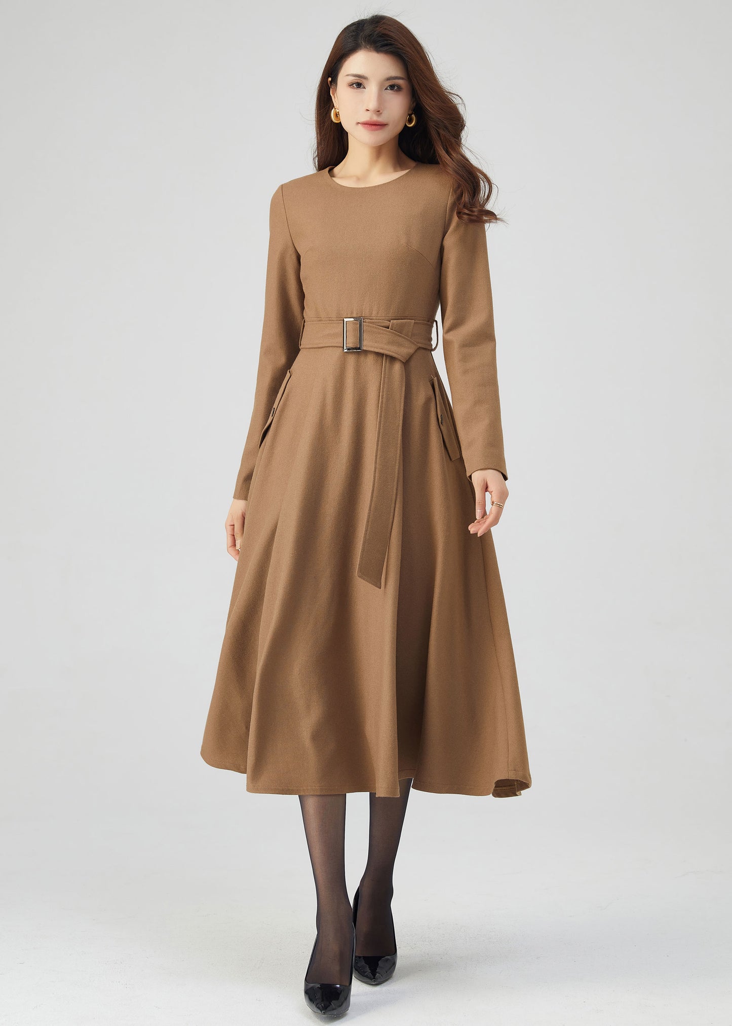 Midi Wool Dress, Belted Dress, Fit and Flare Dress C3543