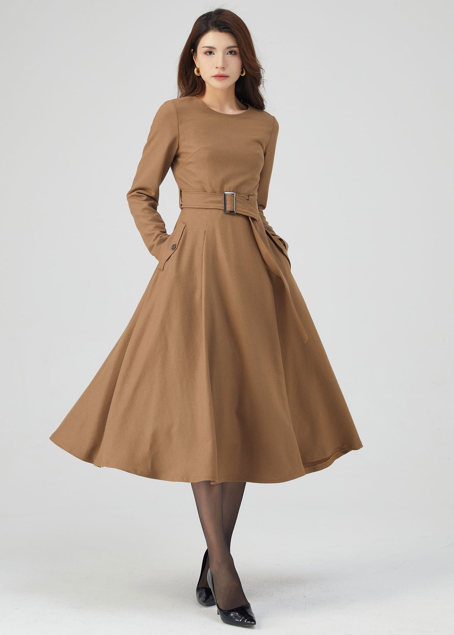 Midi Wool Dress, Belted Dress, Fit and Flare Dress C3543