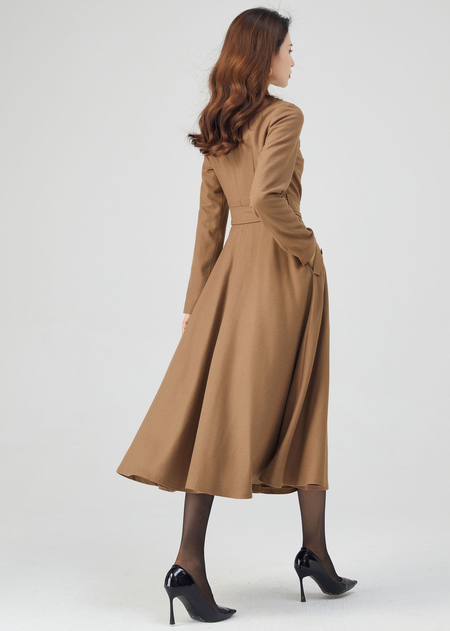Midi Wool Dress, Belted Dress, Fit and Flare Dress C3543