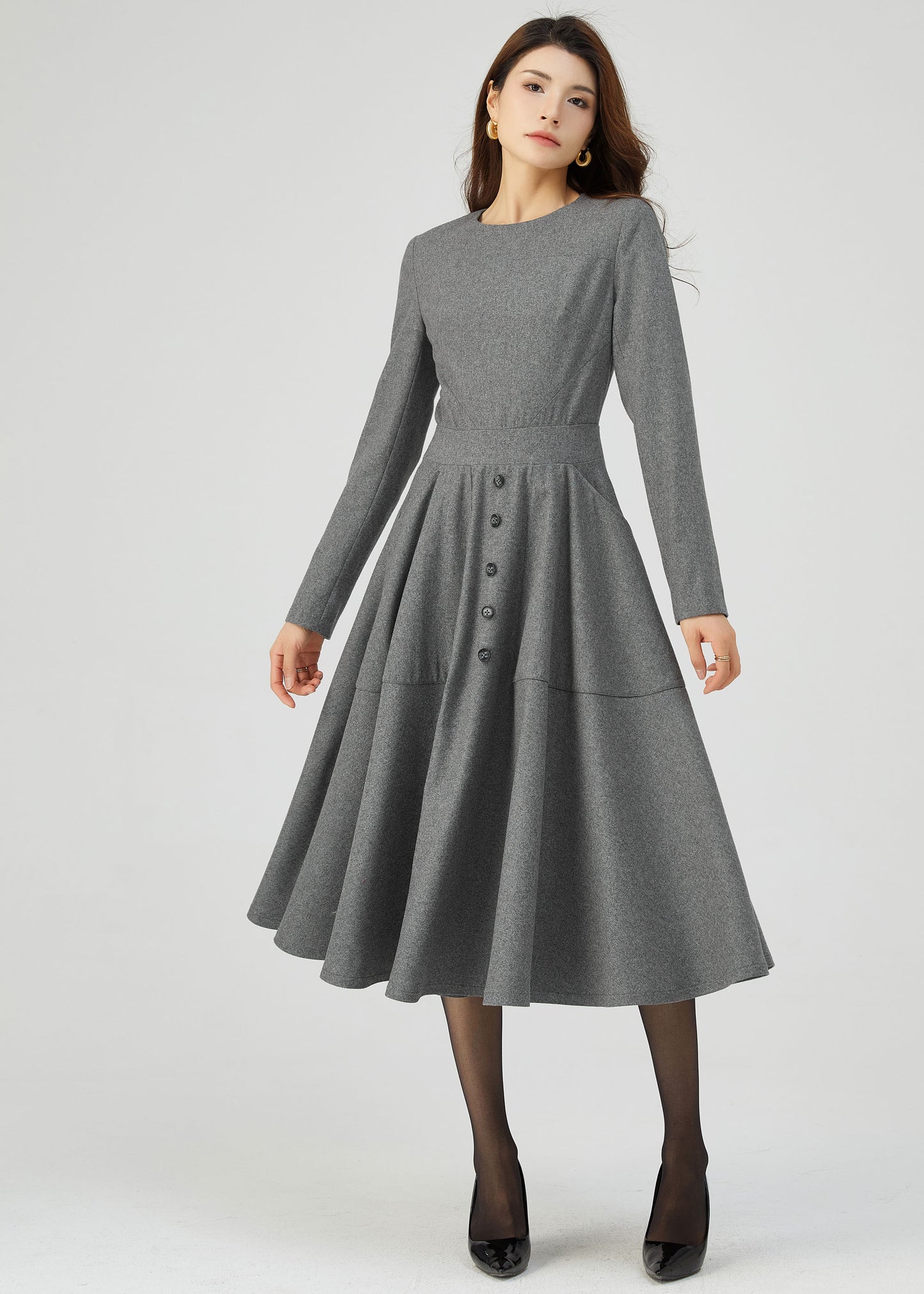 Gray Wool Dress, Button Dress, Pockets Dress C3544