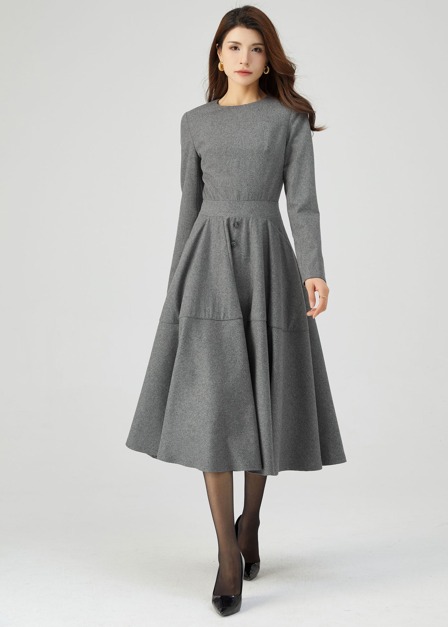 Gray Wool Dress, Button Dress, Pockets Dress C3544