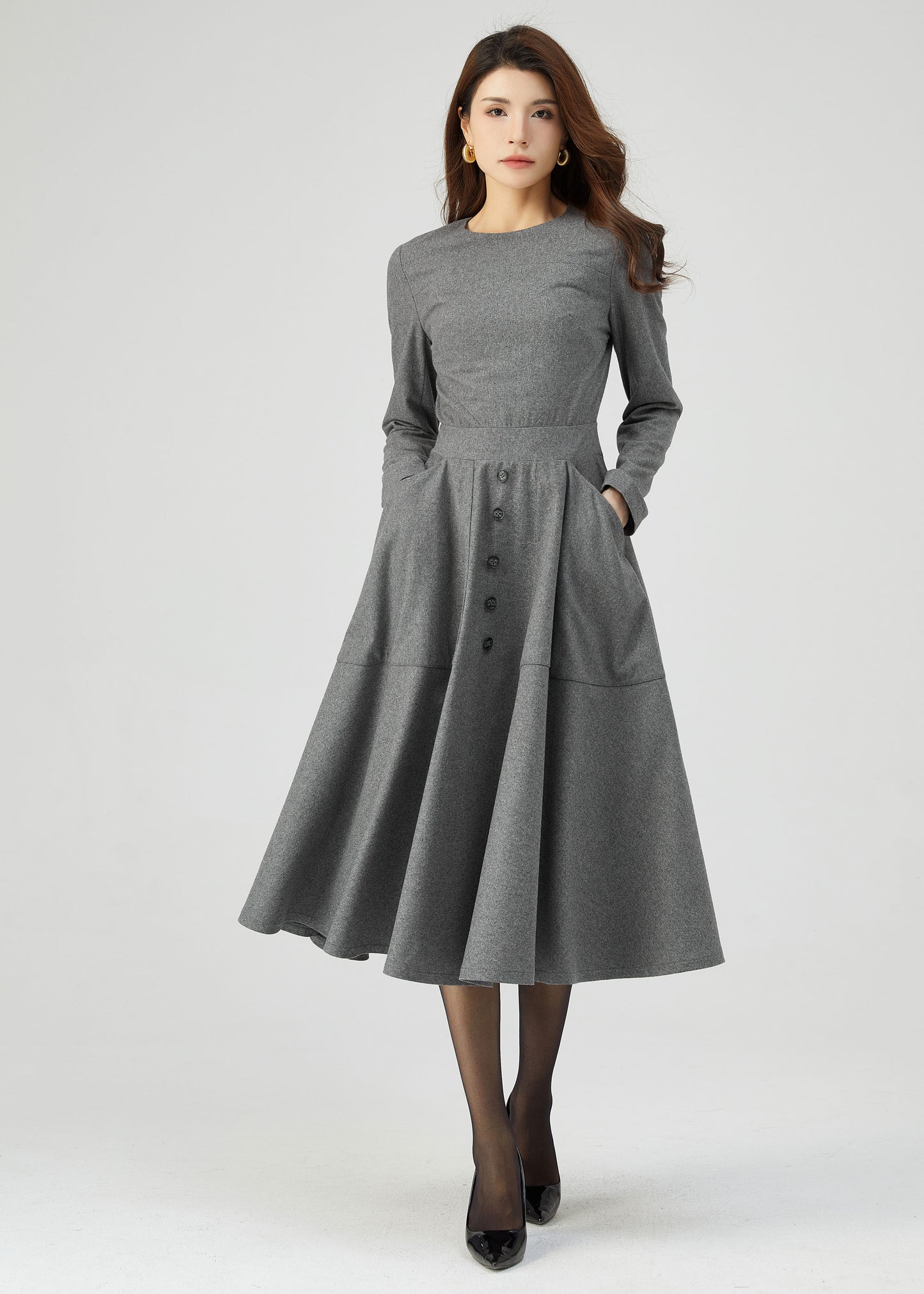 Gray Wool Dress, Button Dress, Pockets Dress C3544