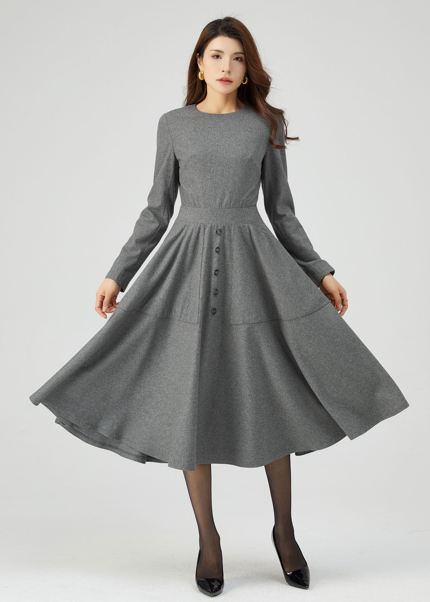 Gray Wool Dress, Button Dress, Pockets Dress C3544