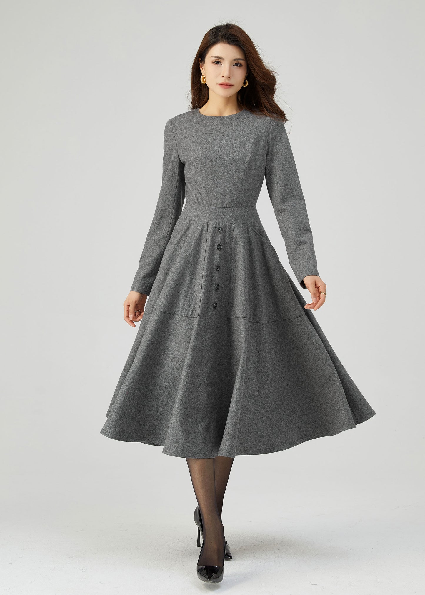 Gray Wool Dress, Button Dress, Pockets Dress C3544