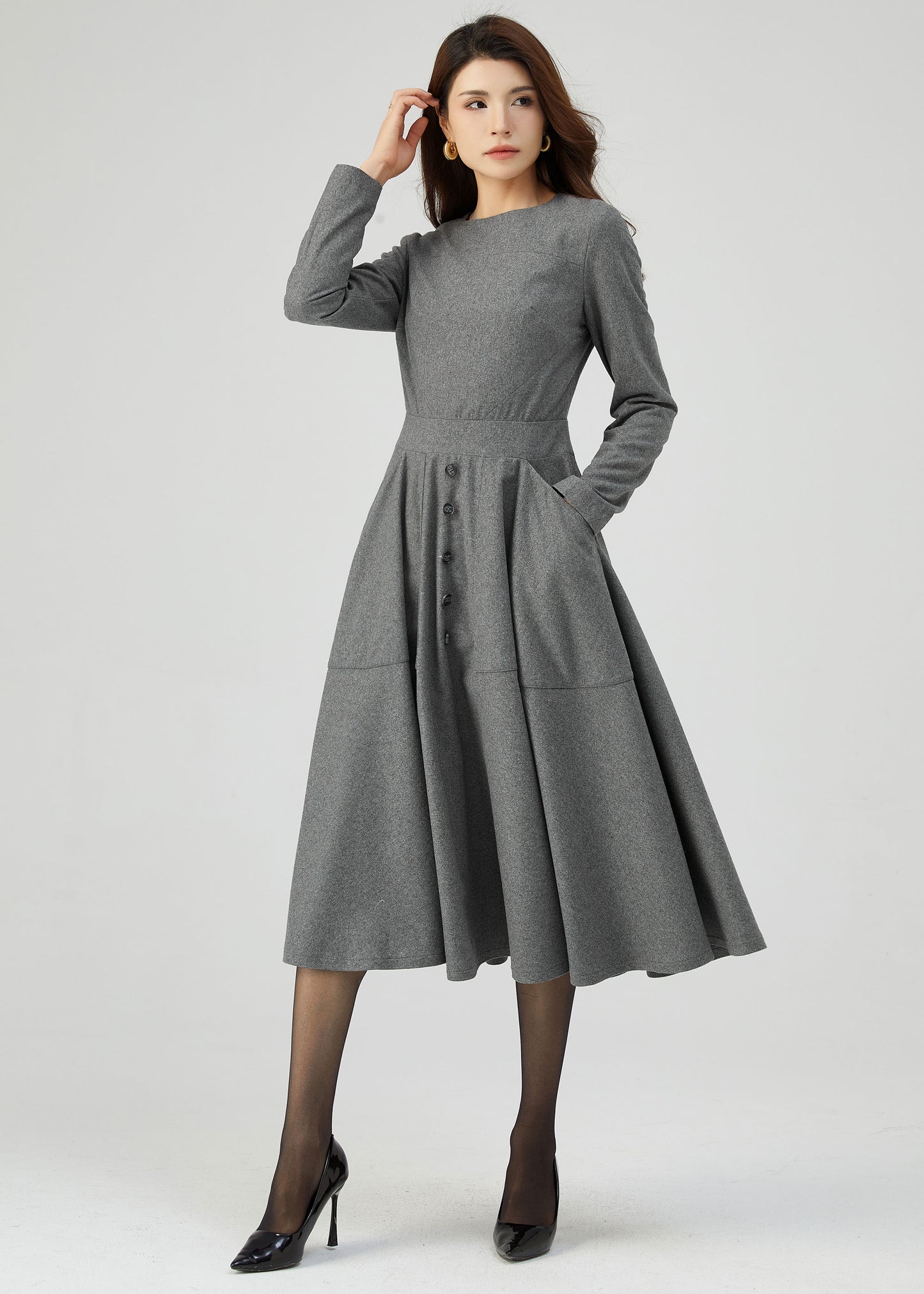 Gray Wool Dress, Button Dress, Pockets Dress C3544
