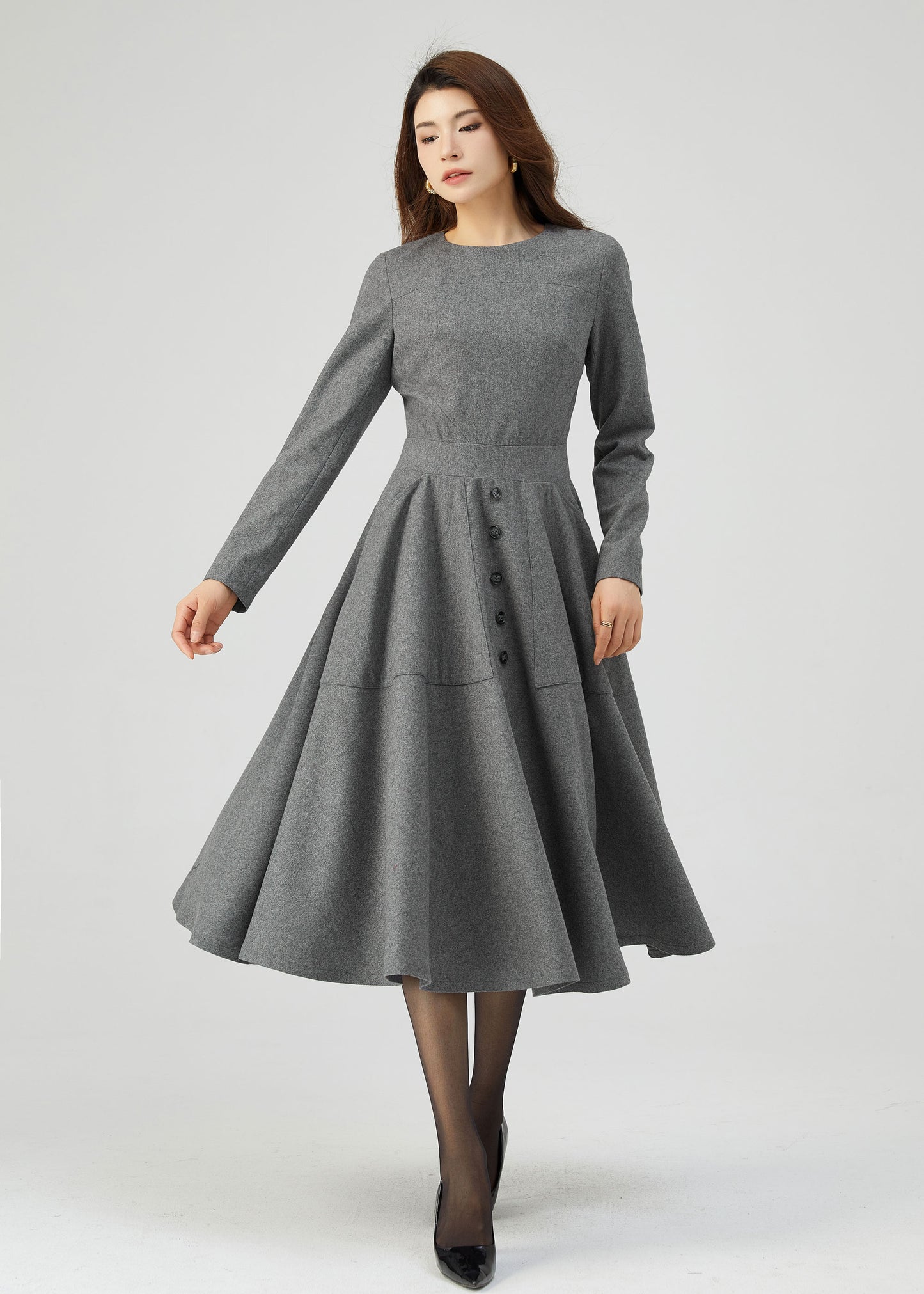 Gray Wool Dress, Button Dress, Pockets Dress C3544