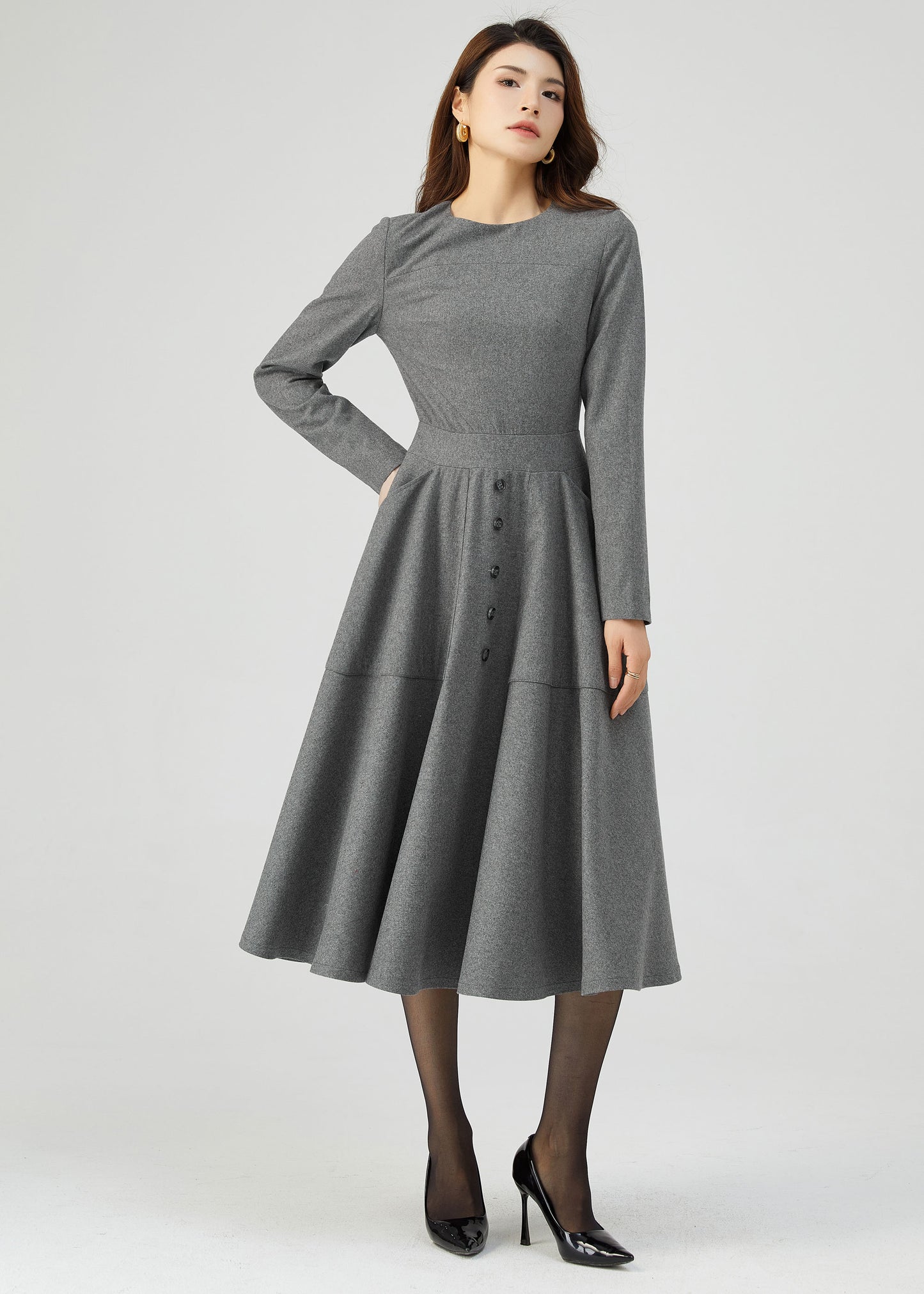 Gray Wool Dress, Button Dress, Pockets Dress C3544