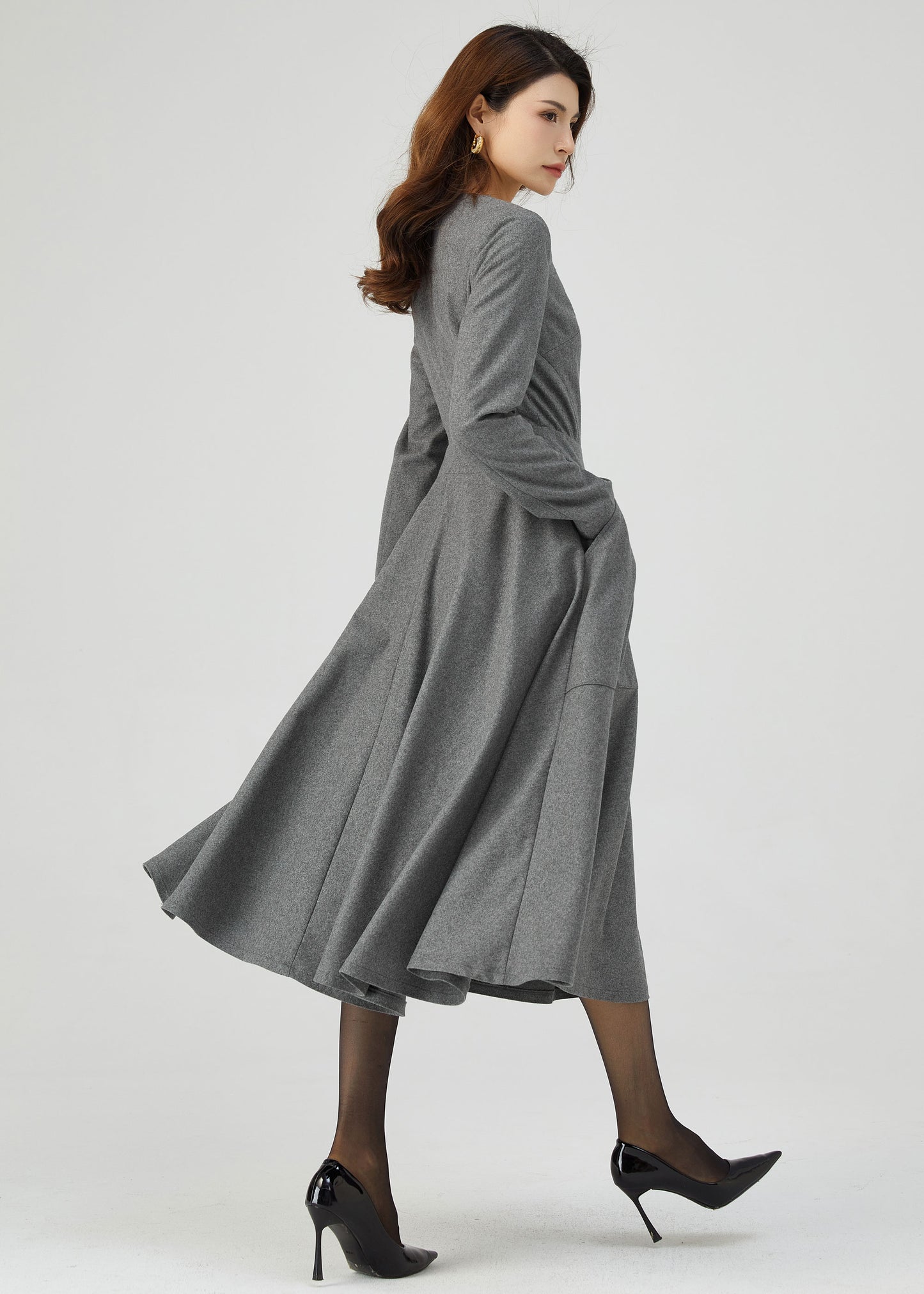 Gray Wool Dress, Button Dress, Pockets Dress C3544