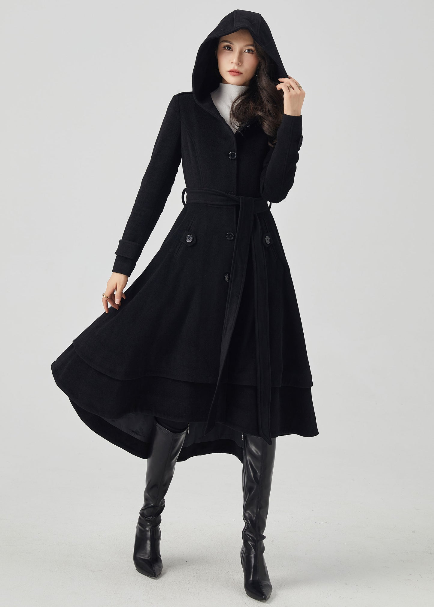 Hooded Wool Coat Women, Black Wool Coat C3560