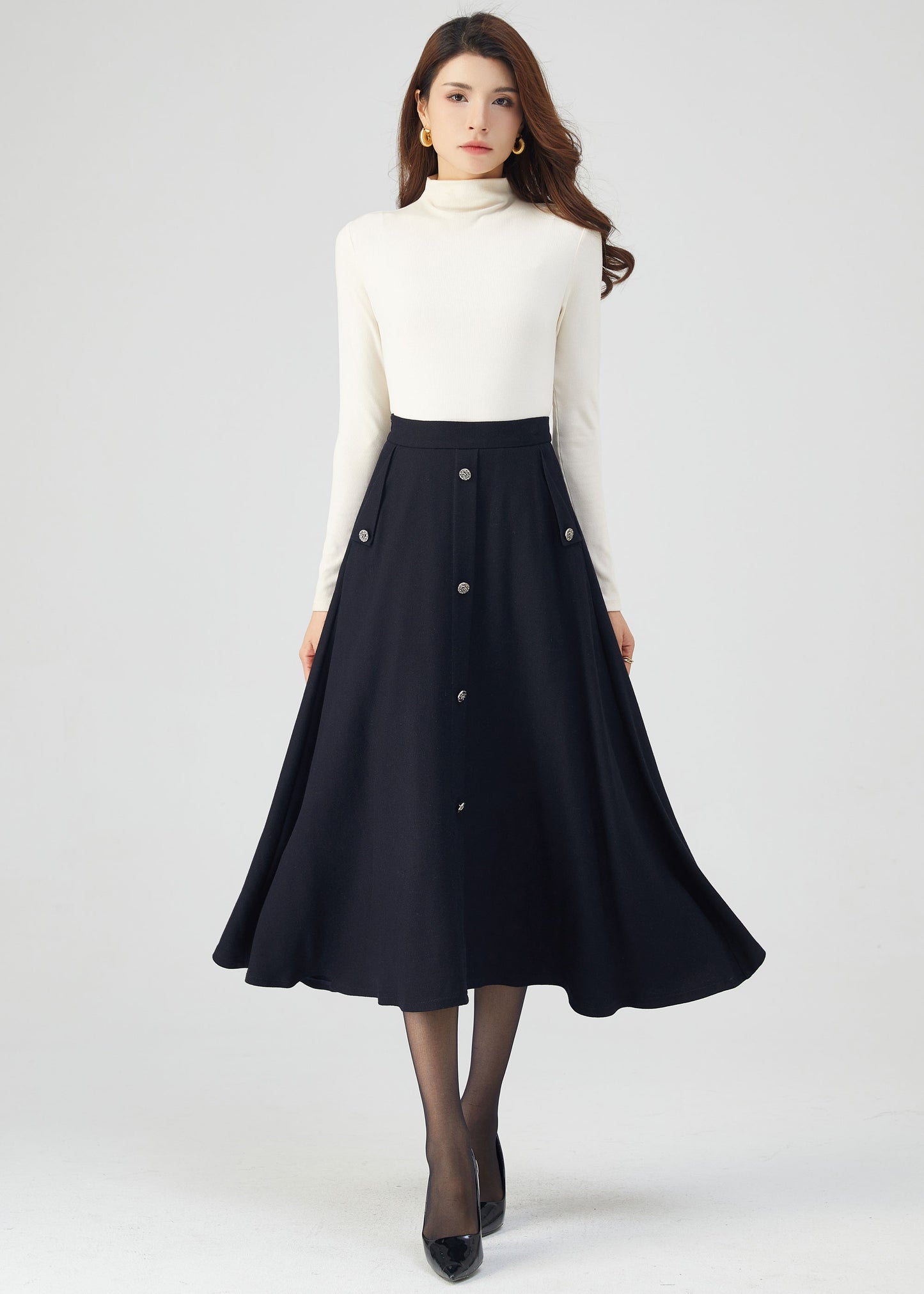 Navy Wool Skirt, Midi Skirt, Womens Skirt C3545