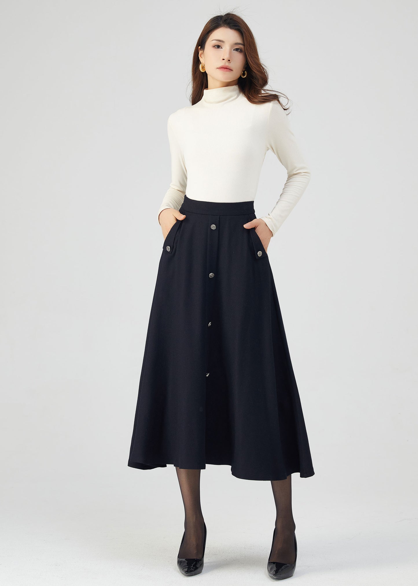 Navy Wool Skirt, Midi Skirt, Womens Skirt C3545