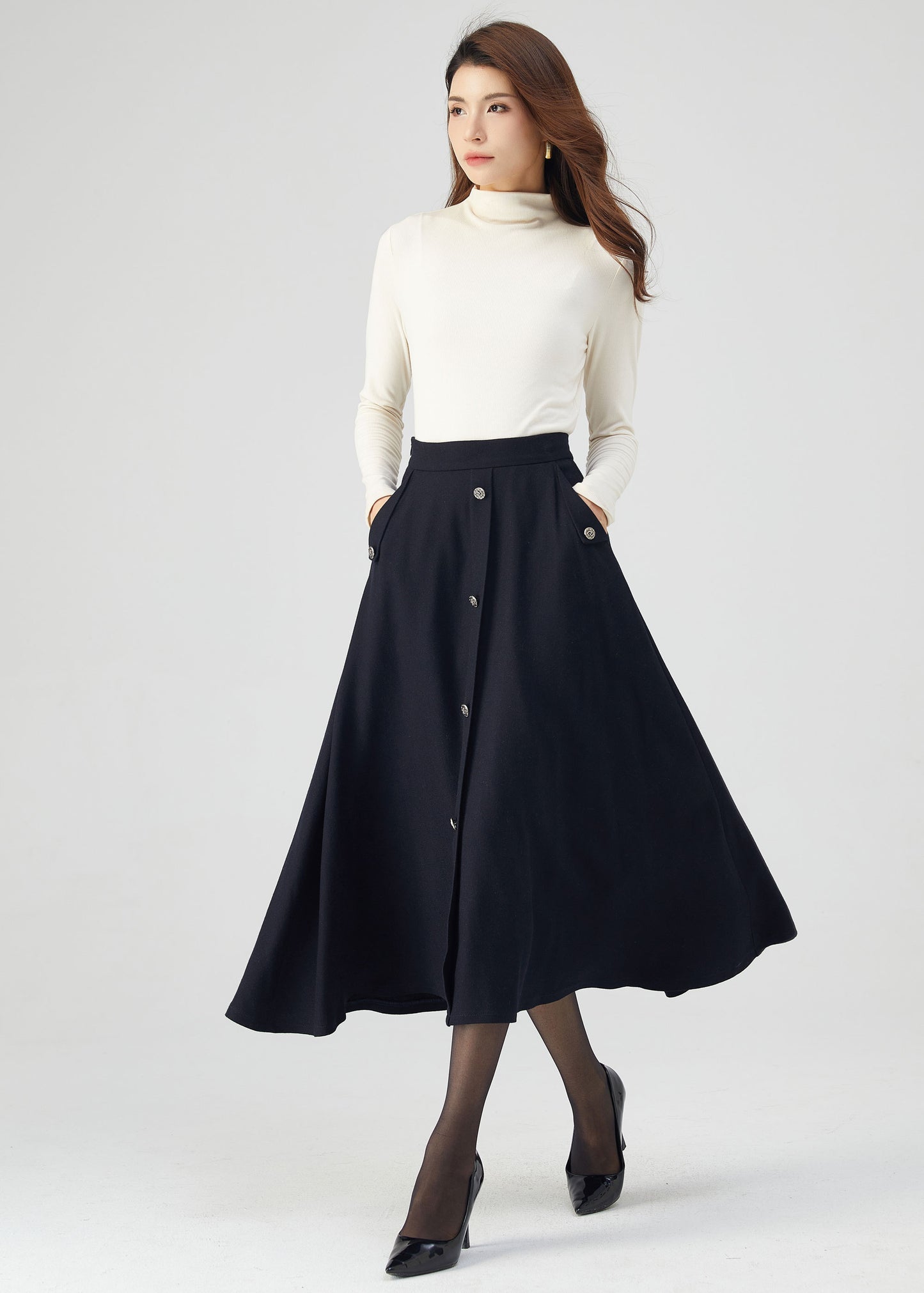 Navy Wool Skirt, Midi Skirt, Womens Skirt C3545