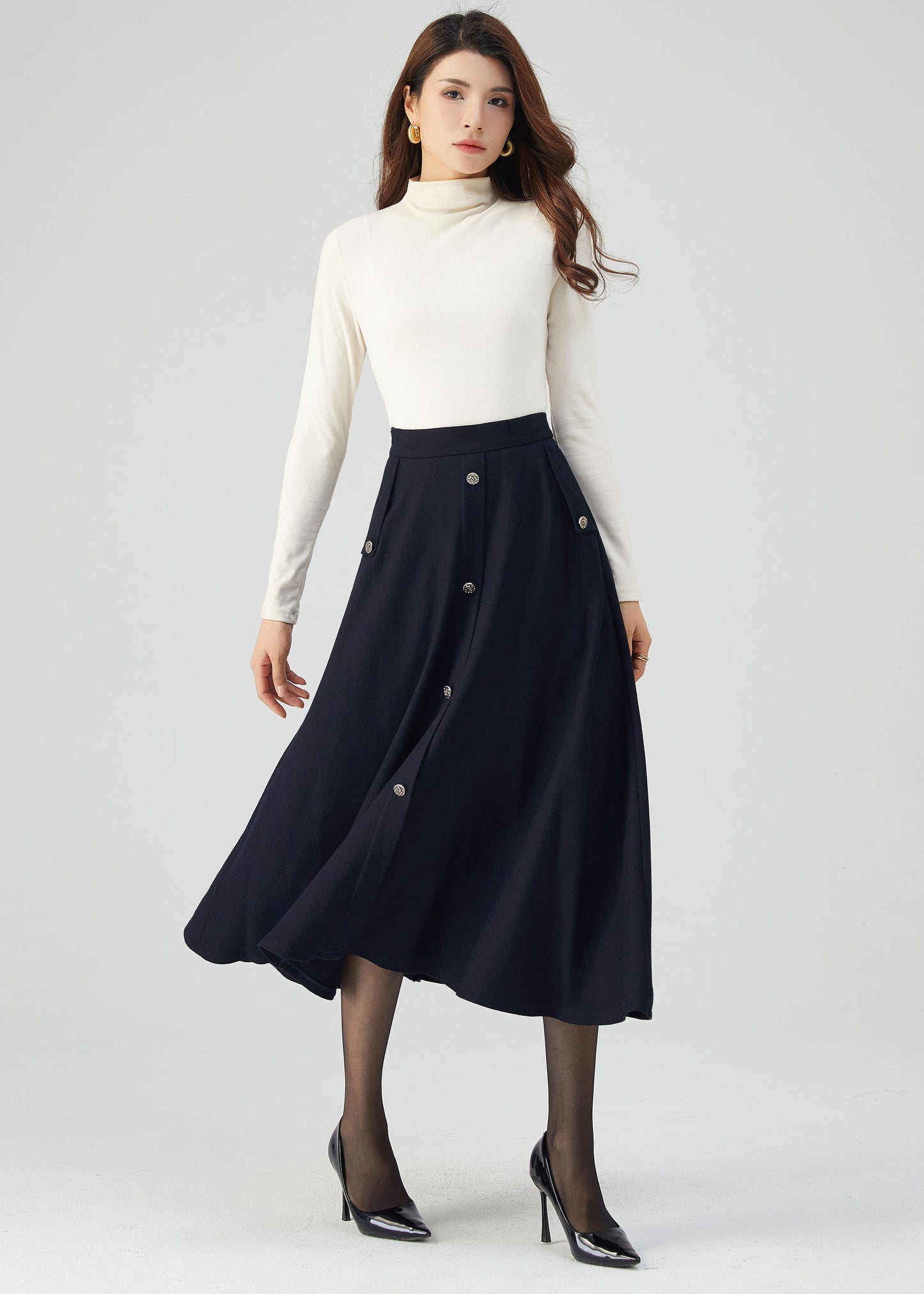 Navy Wool Skirt, Midi Skirt, Womens Skirt C3545