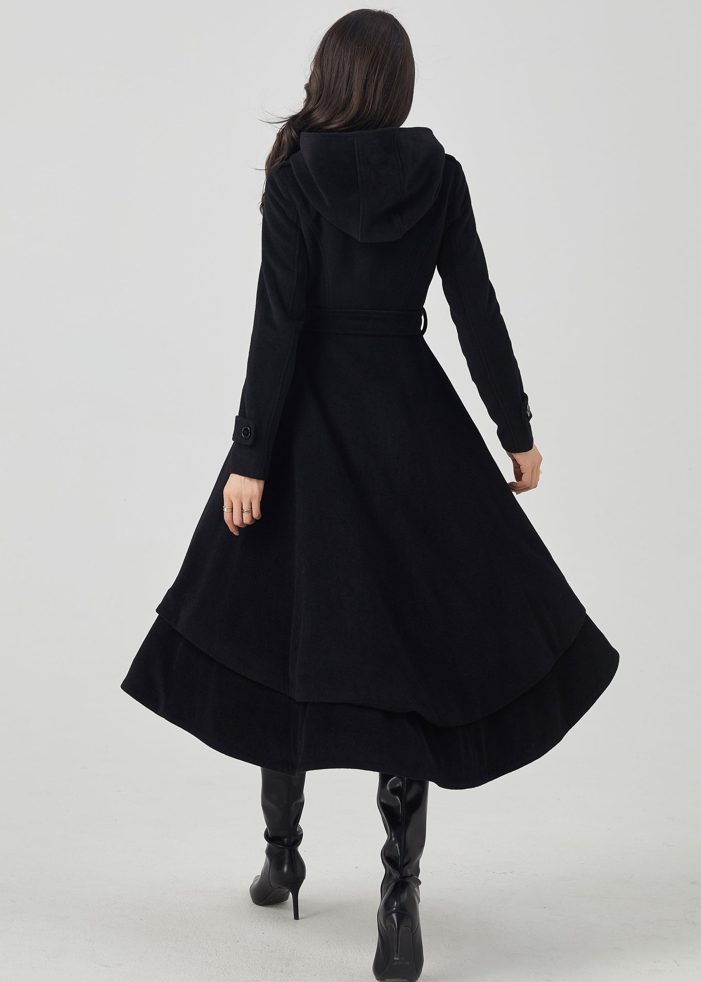 Hooded Wool Coat Women, Black Wool Coat C3560