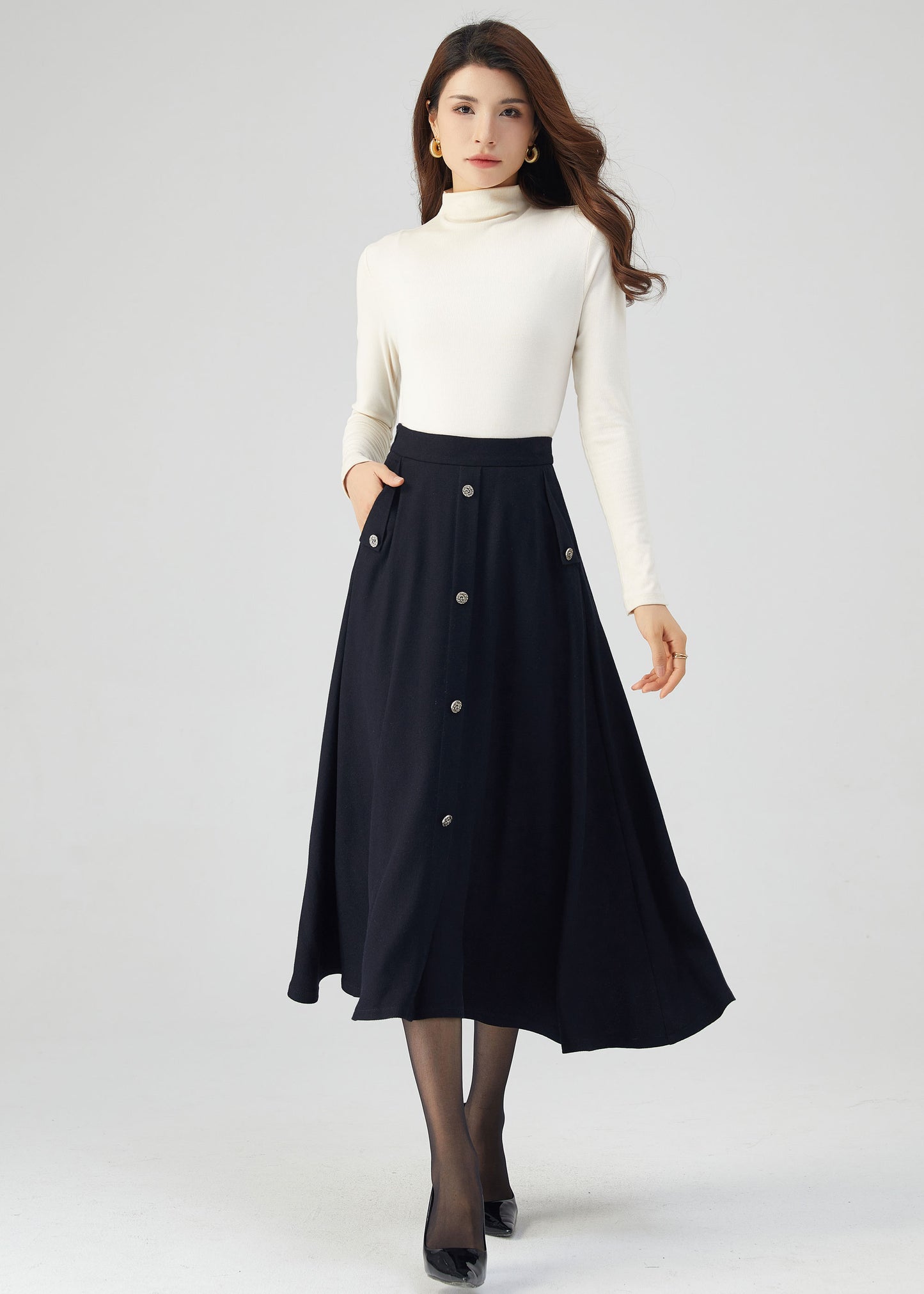 Navy Wool Skirt, Midi Skirt, Womens Skirt C3545