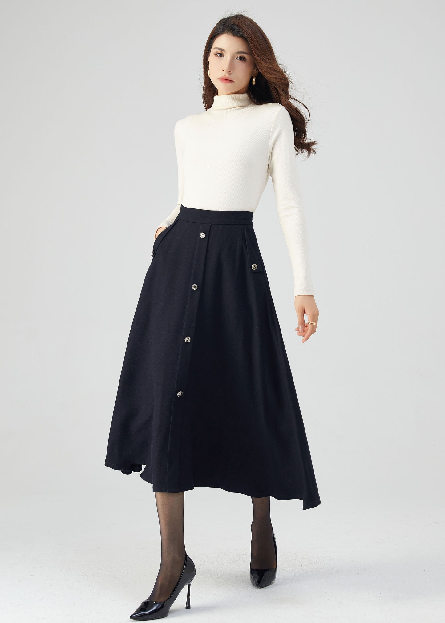 Navy Wool Skirt, Midi Skirt, Womens Skirt C3545