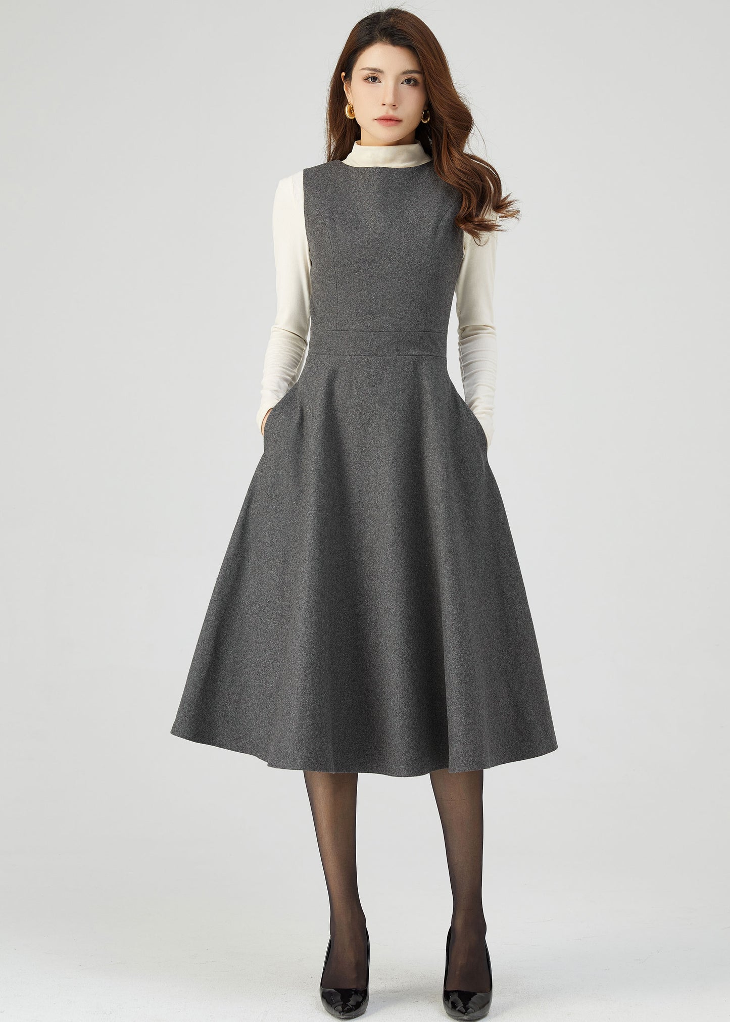 Wool Pinafore Dress, Gray Wool Dress C3546