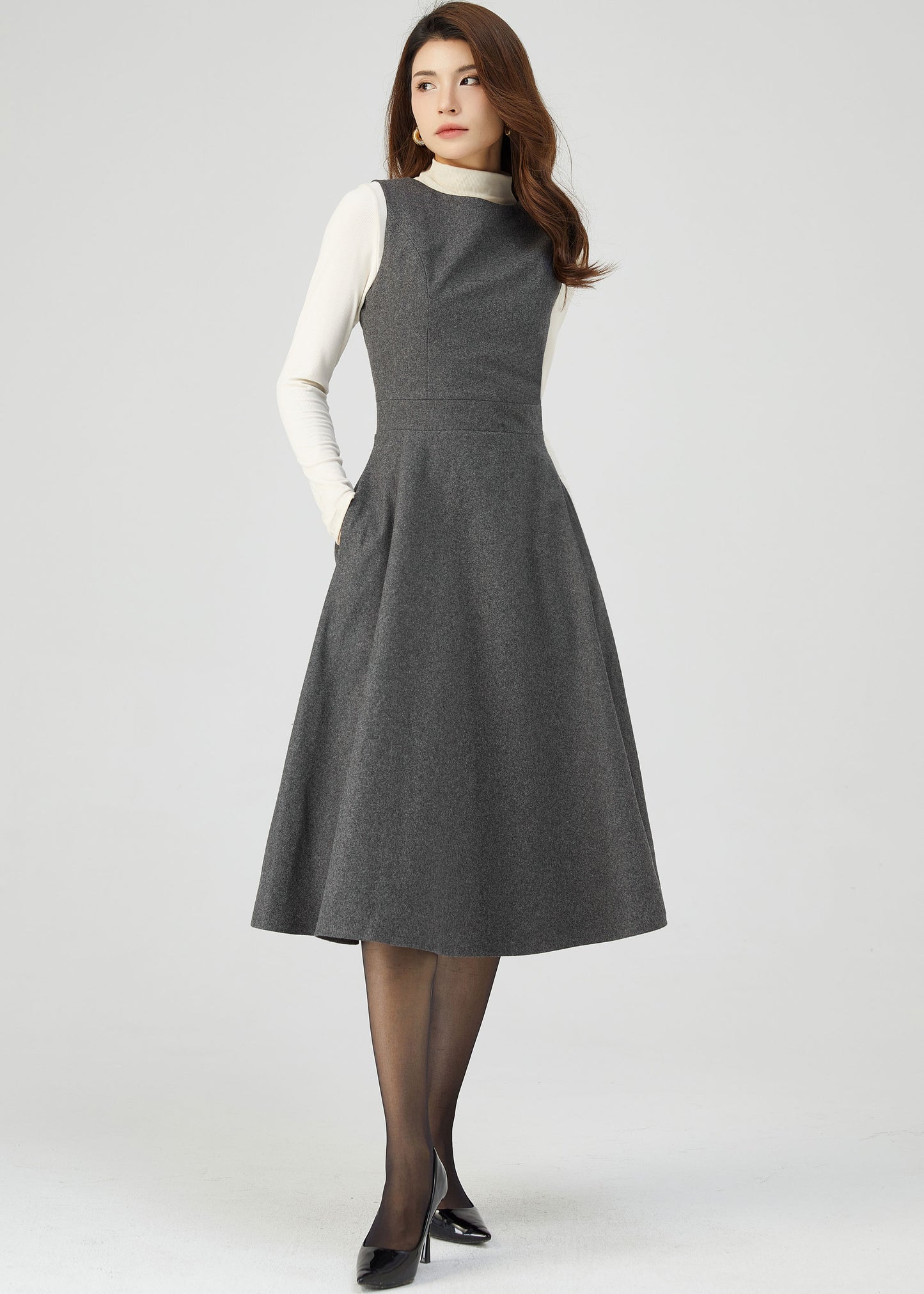 Wool Pinafore Dress, Gray Wool Dress C3546