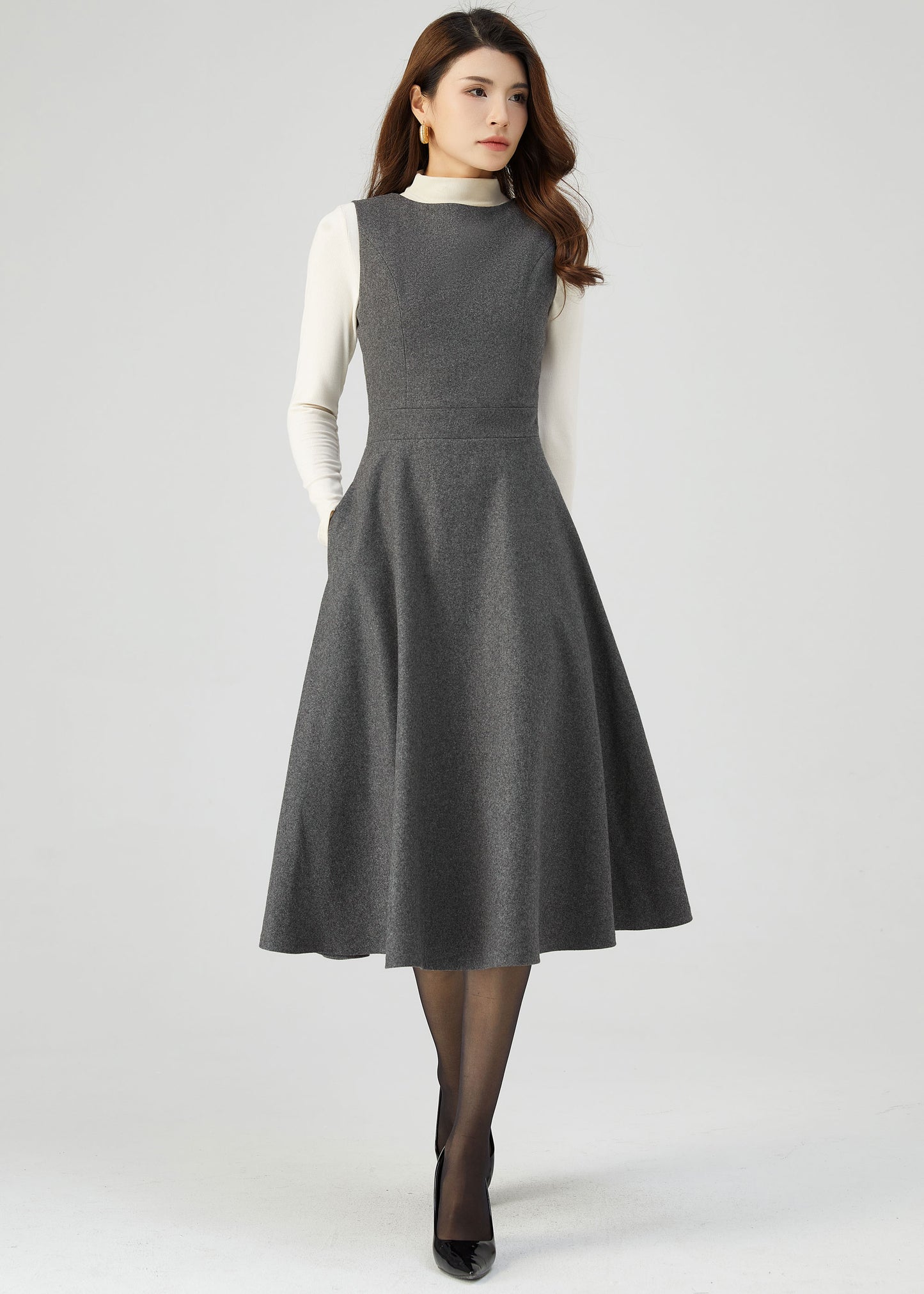 Wool Pinafore Dress, Gray Wool Dress C3546