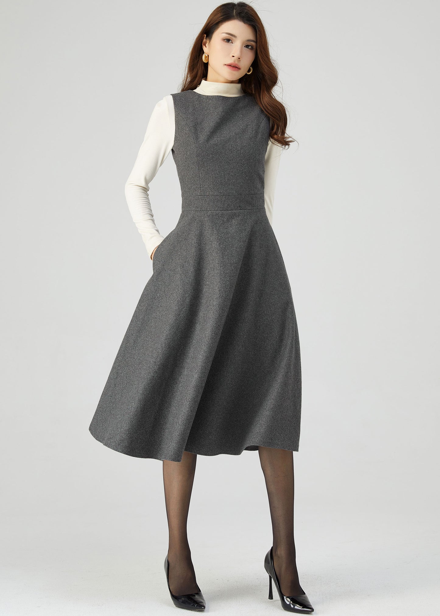 Wool Pinafore Dress, Gray Wool Dress C3546