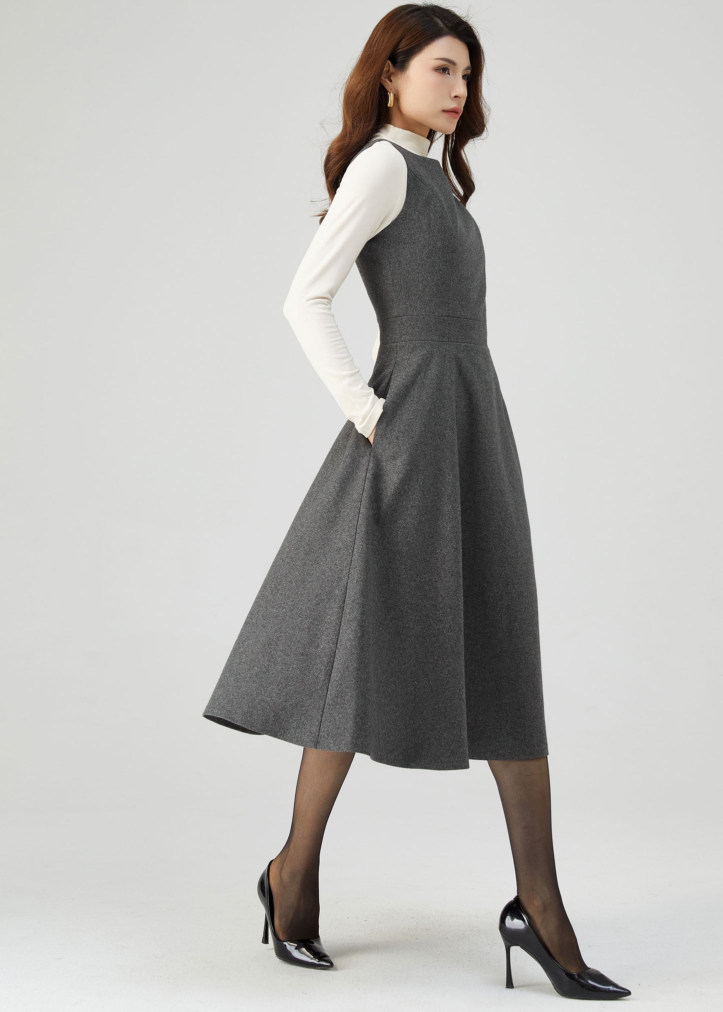 Wool Pinafore Dress, Gray Wool Dress C3546