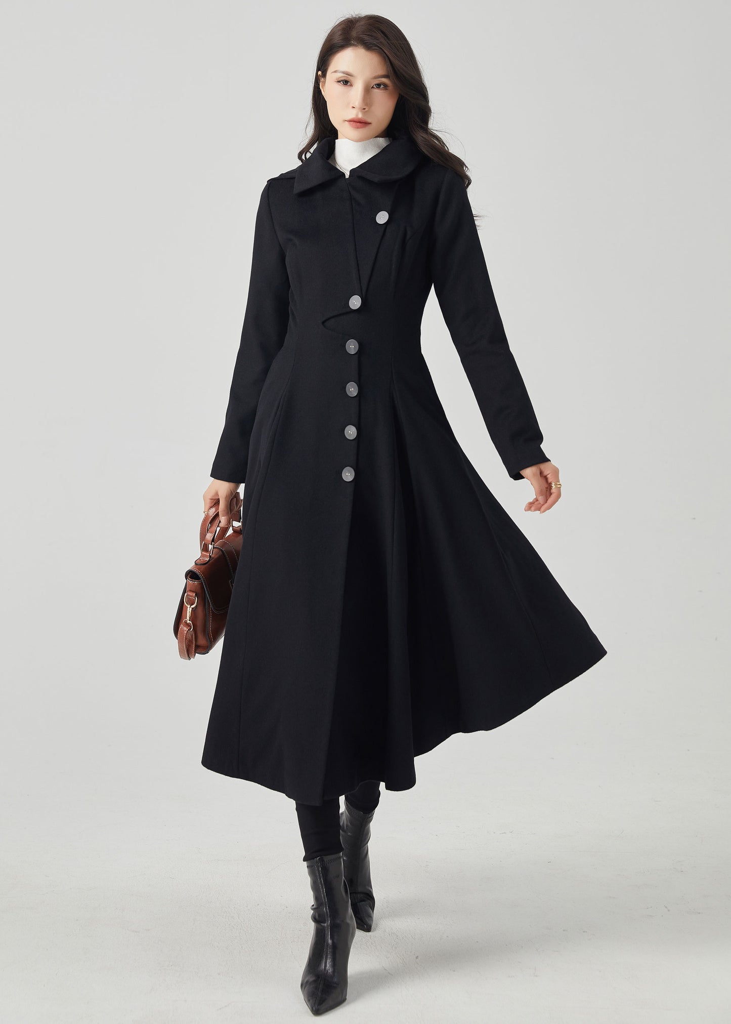 Black Hooded Long Wool Coat C4330